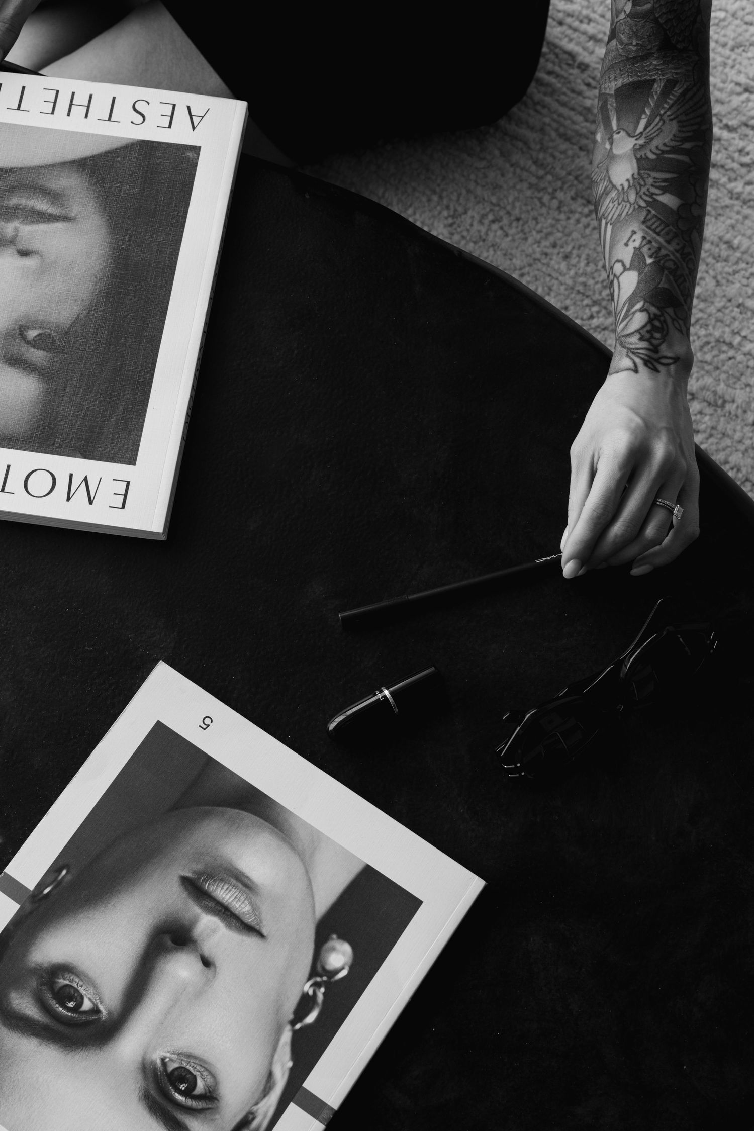 Black and white magazine layout with artistic portrait photography.