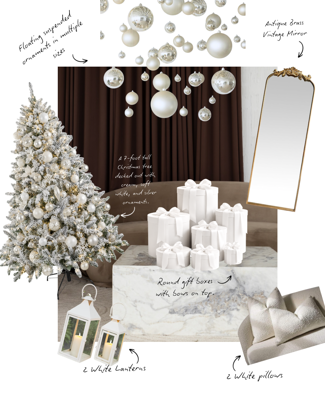 White Christmas holiday mood board featuring flocked tree, floating ornaments, gift boxes, lanterns, gold mirror, and white pillows.