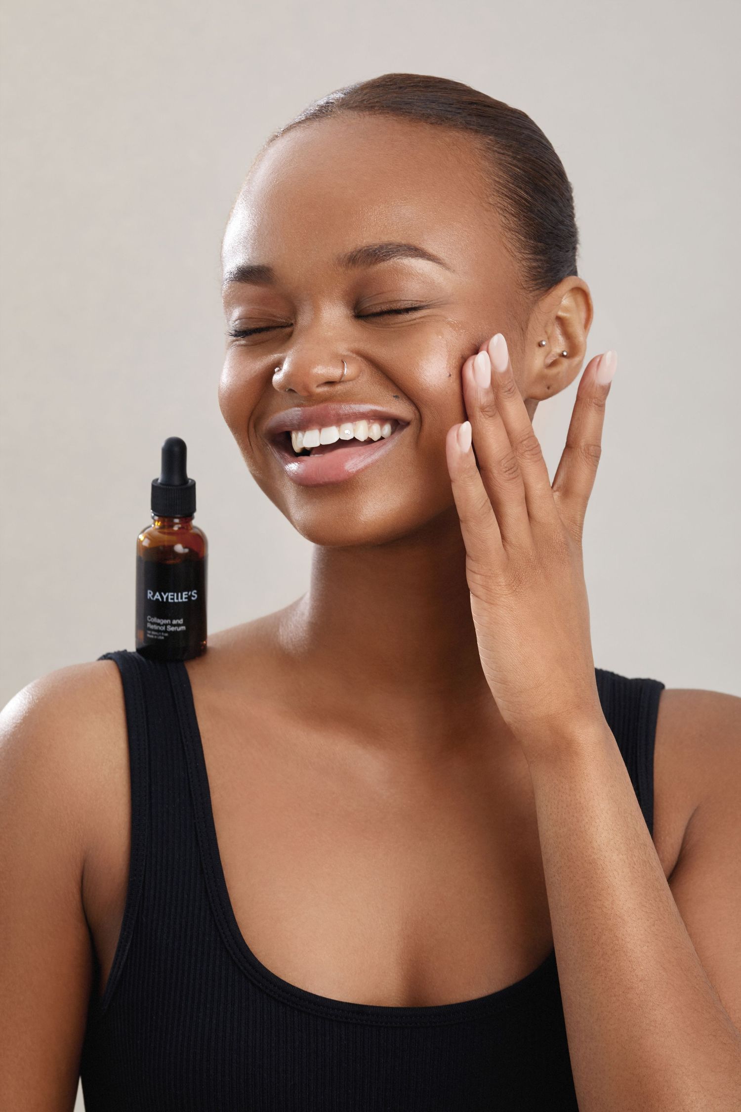 A series of five photos showing joyful expressions and skincare application against a light gray background.