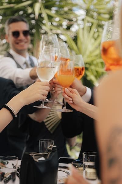Group of elegantly dressed guests clinking cocktail glasses at an outdoor celebration event.