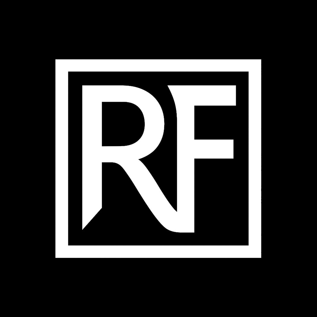 A black and white graphic logo design featuring the letters 'RF' in a bold minimalist style within a square frame.