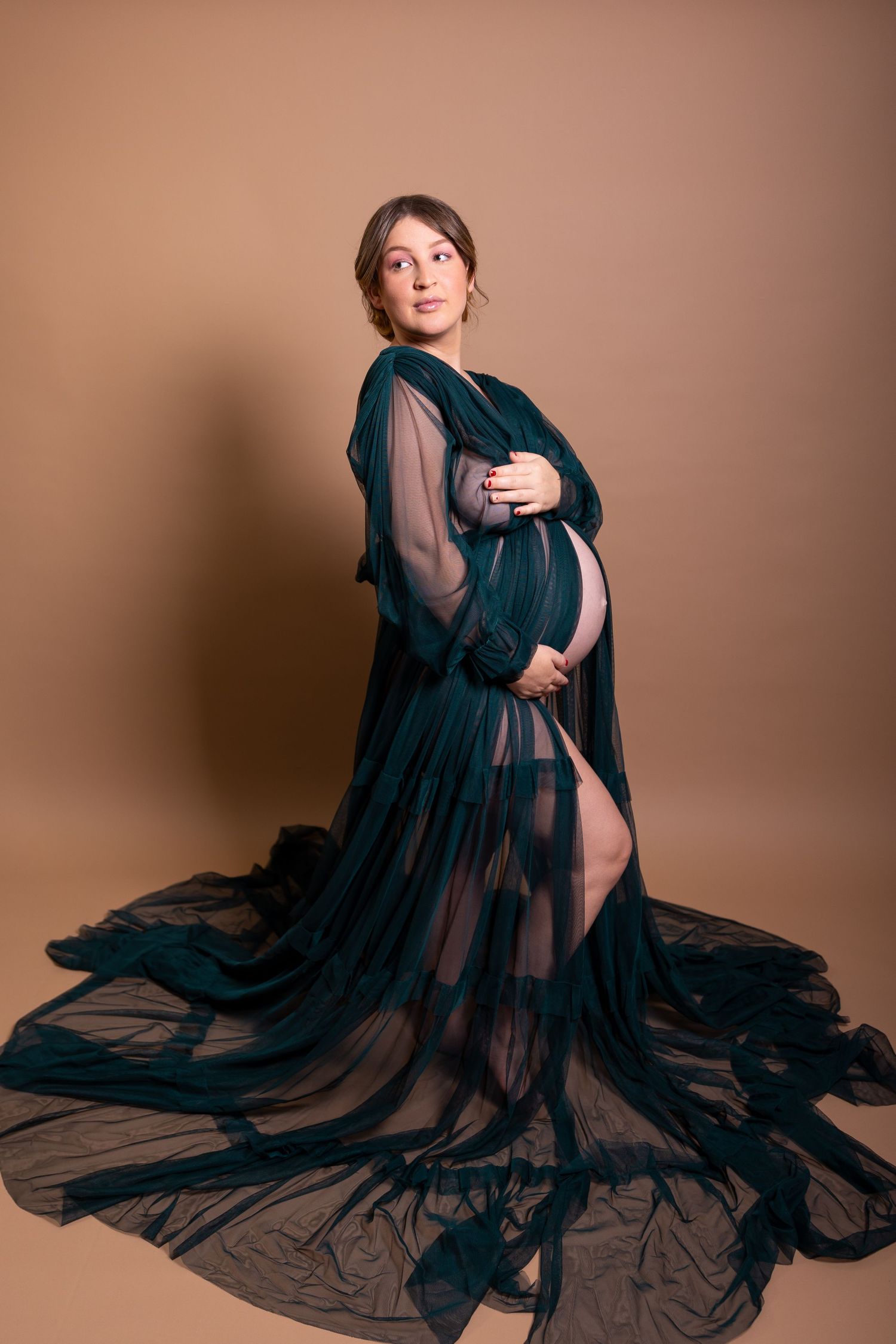 Artistic maternity photo featuring an elegant black sheer flowing gown against a neutral brown backdrop.