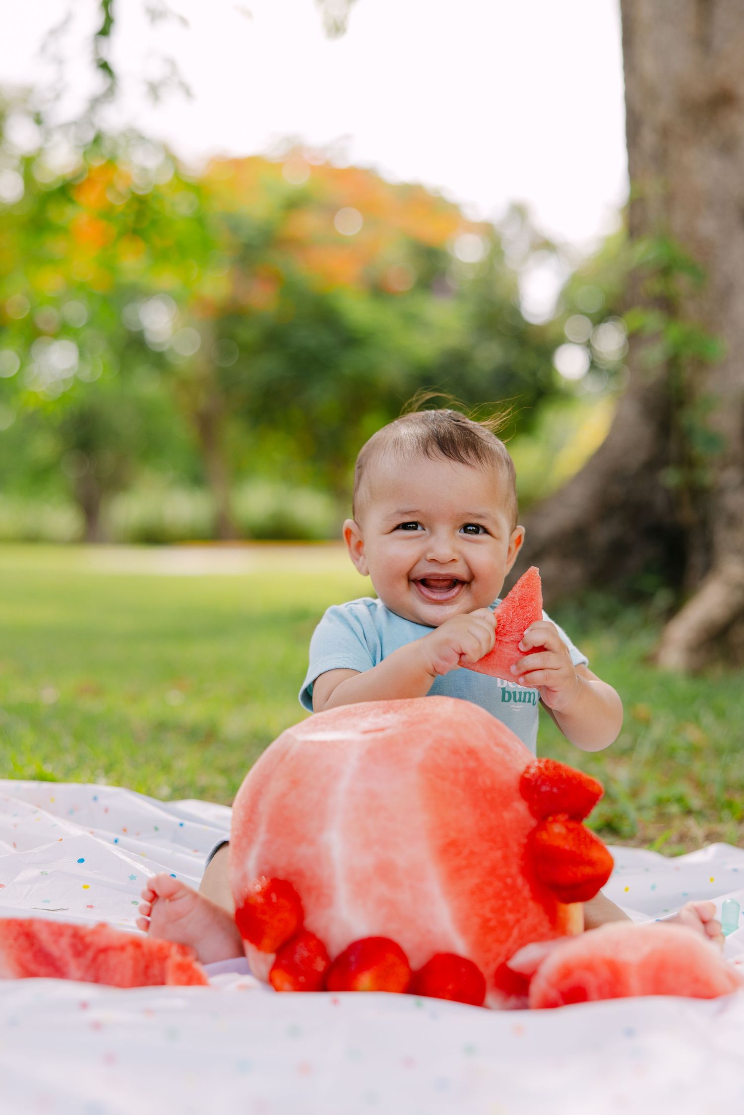 Baby sitting on blanket with large watermelon slices outdoors on grass.