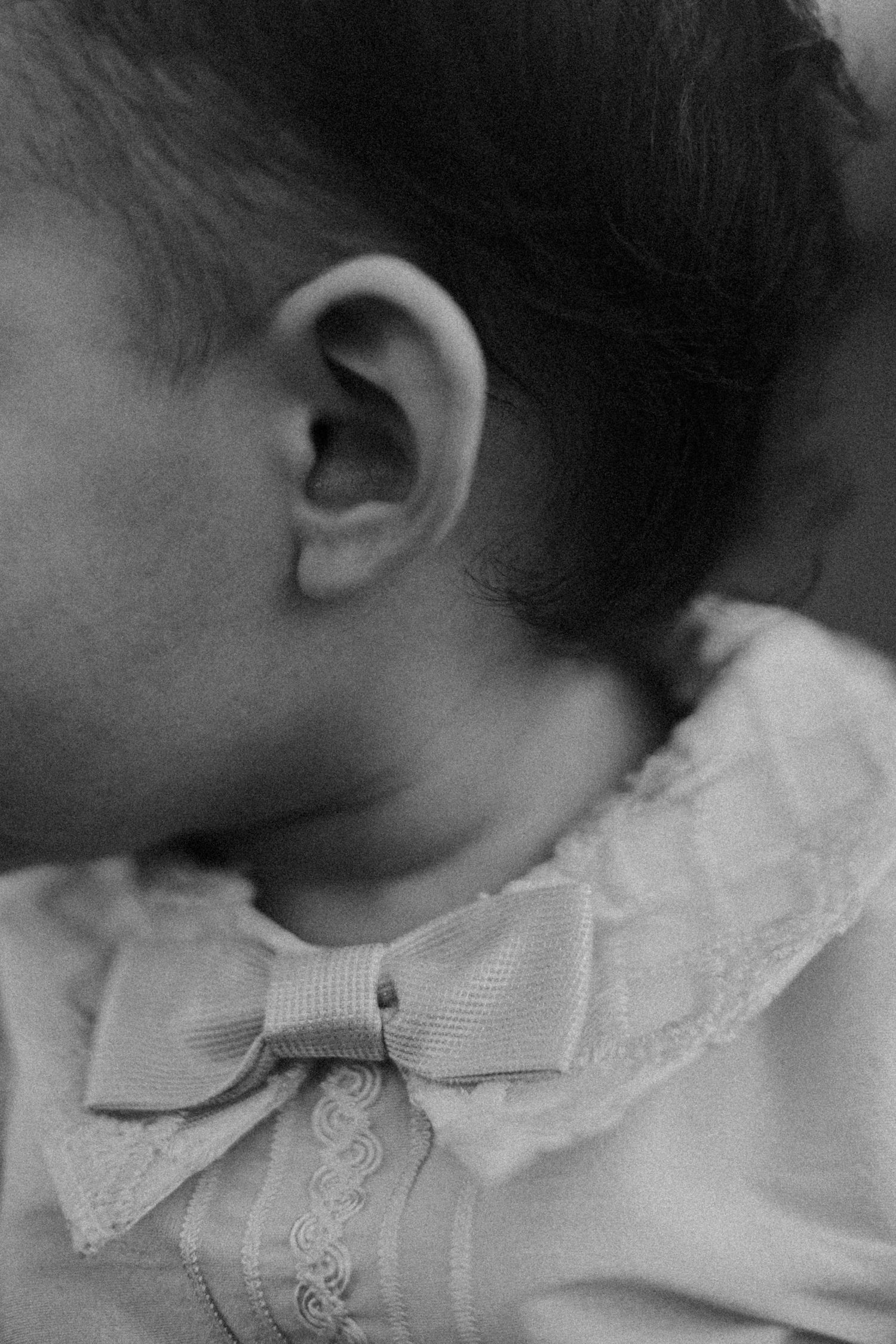 Black and white close up of a small ear and bow tie collar detail.