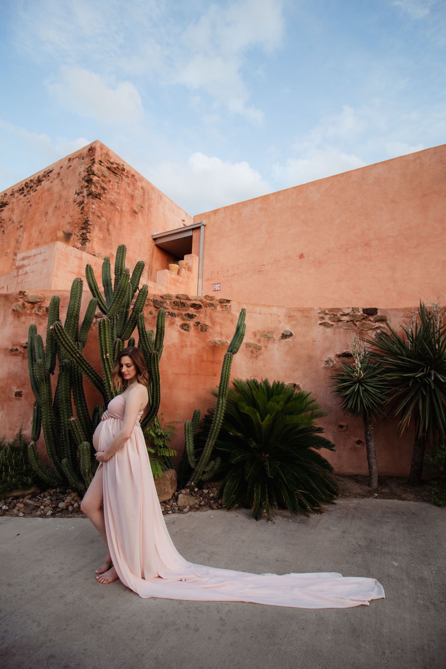 A maternity photo featuring a flowing pink gown against terracotta walls and desert cacti in an elegant outdoor setting.