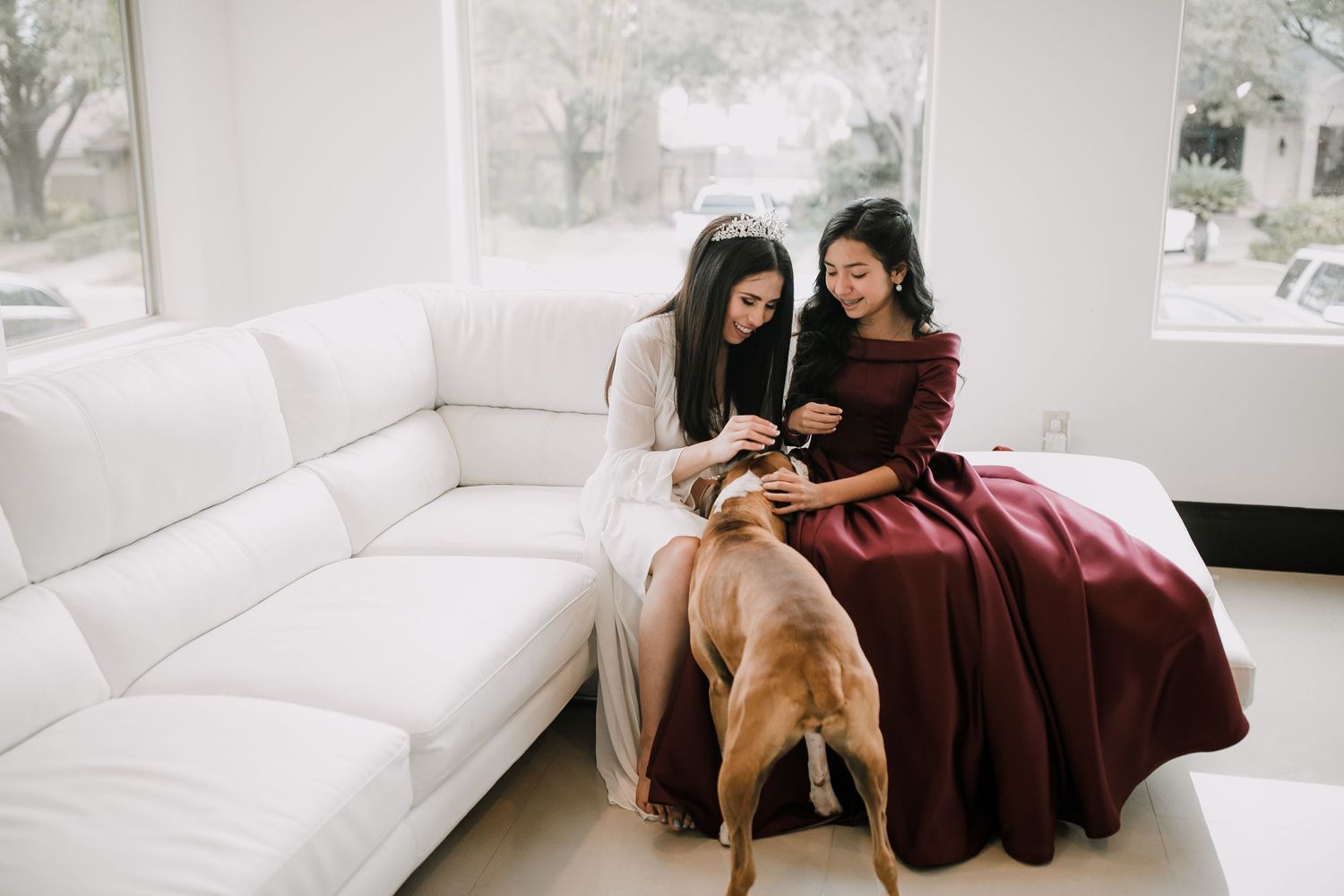 Bride and bridesmaid in burgundy dress sit on white sofa petting a brown dog in bright living room.
