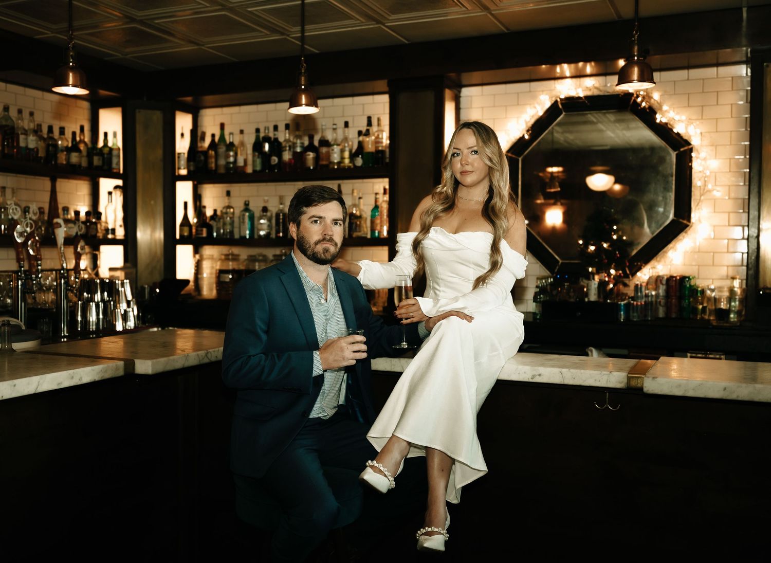 Evening celebration at an upscale bar with vintage ambiance.