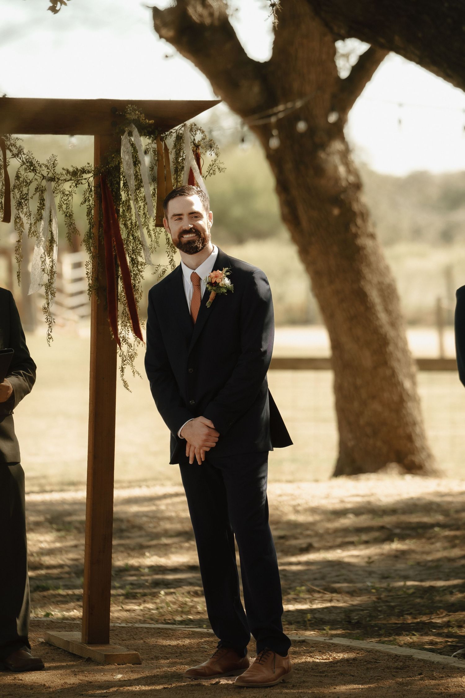 A series of candid moments captured during a wedding ceremony under rustic wooden beams.