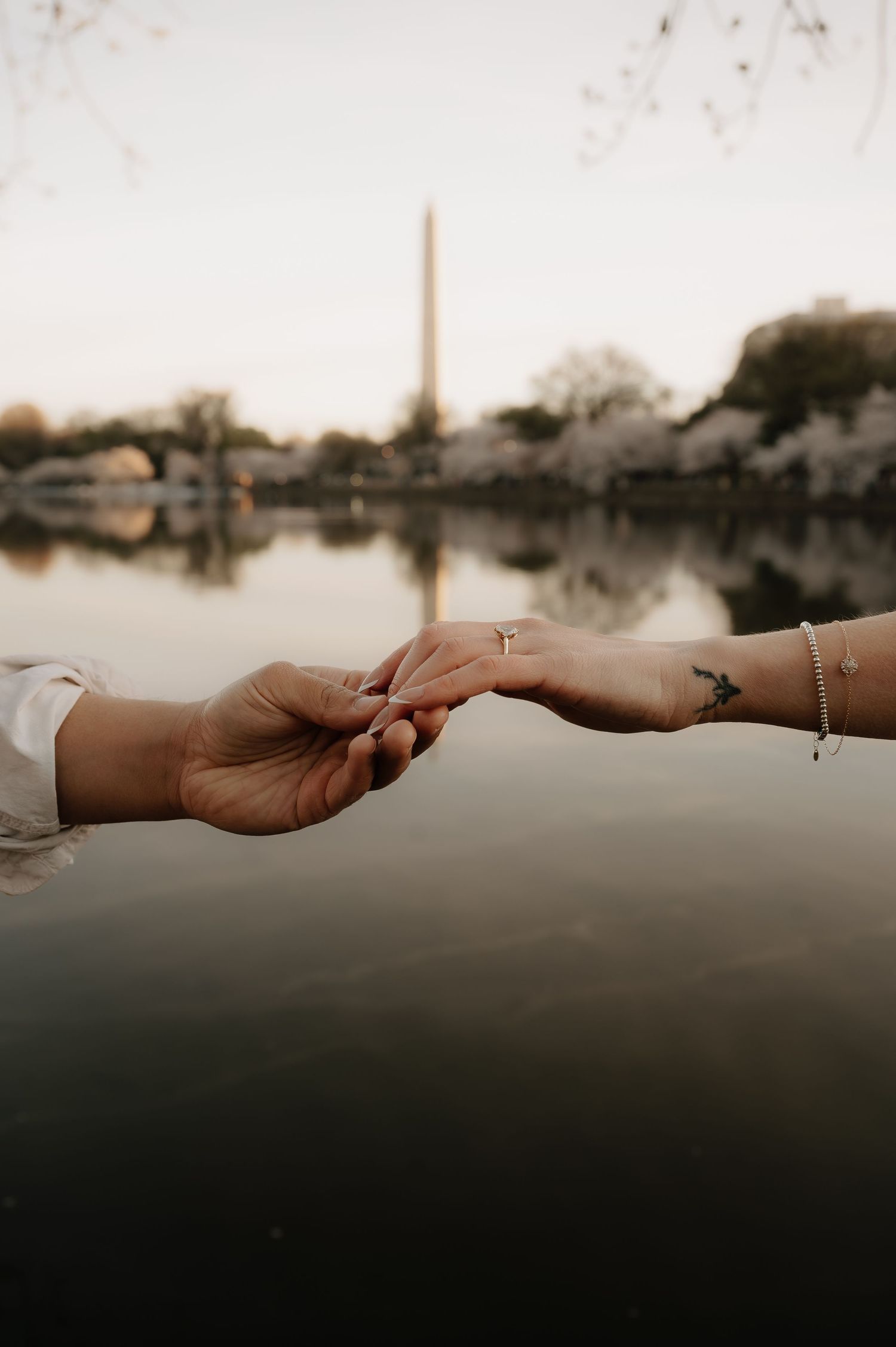 Two hands gently touching near the Tidal Basin with the Washington Monument reflected in the water during cherry blossom season.