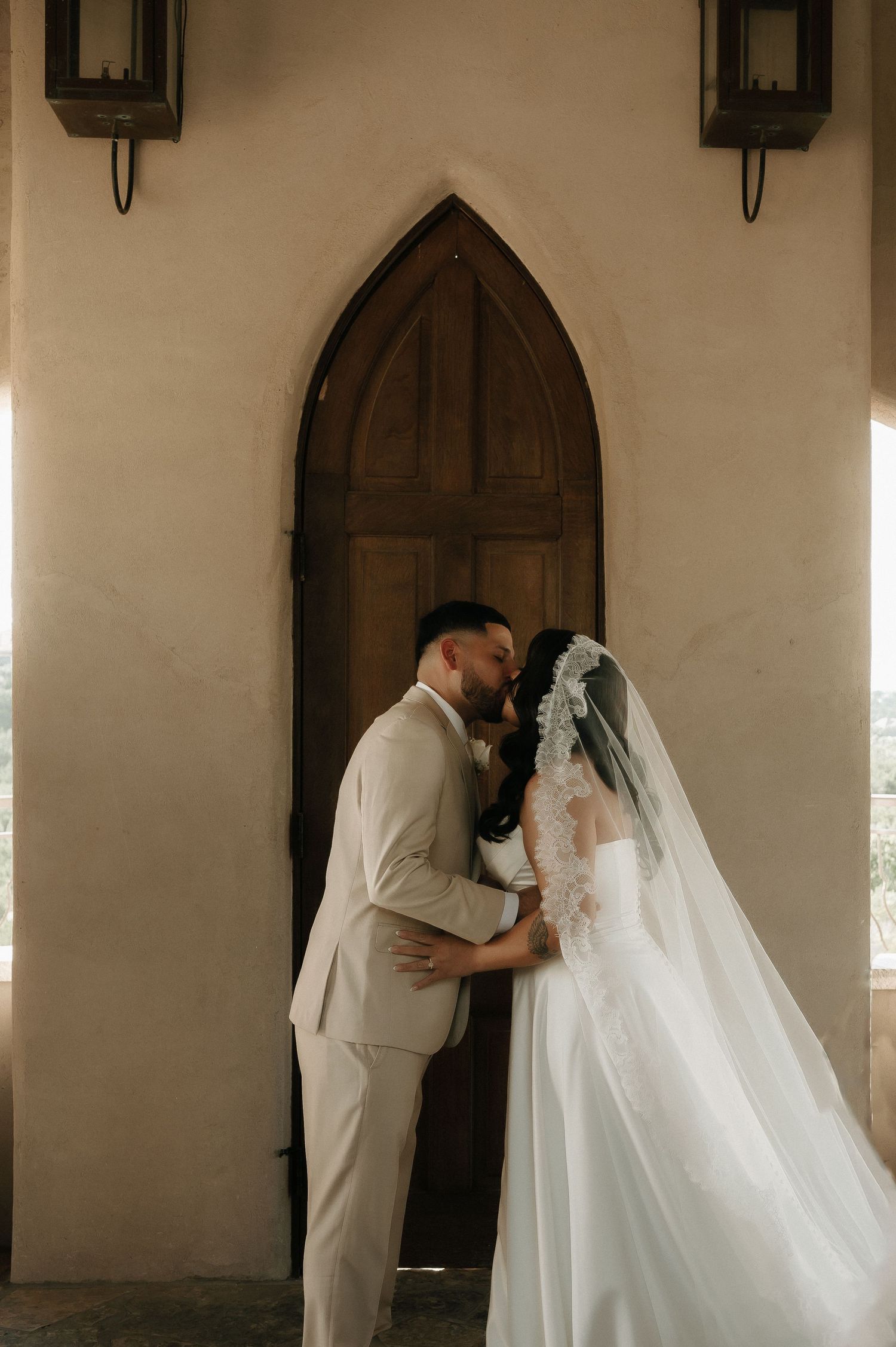 Intimate wedding ceremony moments captured in sequence inside a chapel with natural lighting.