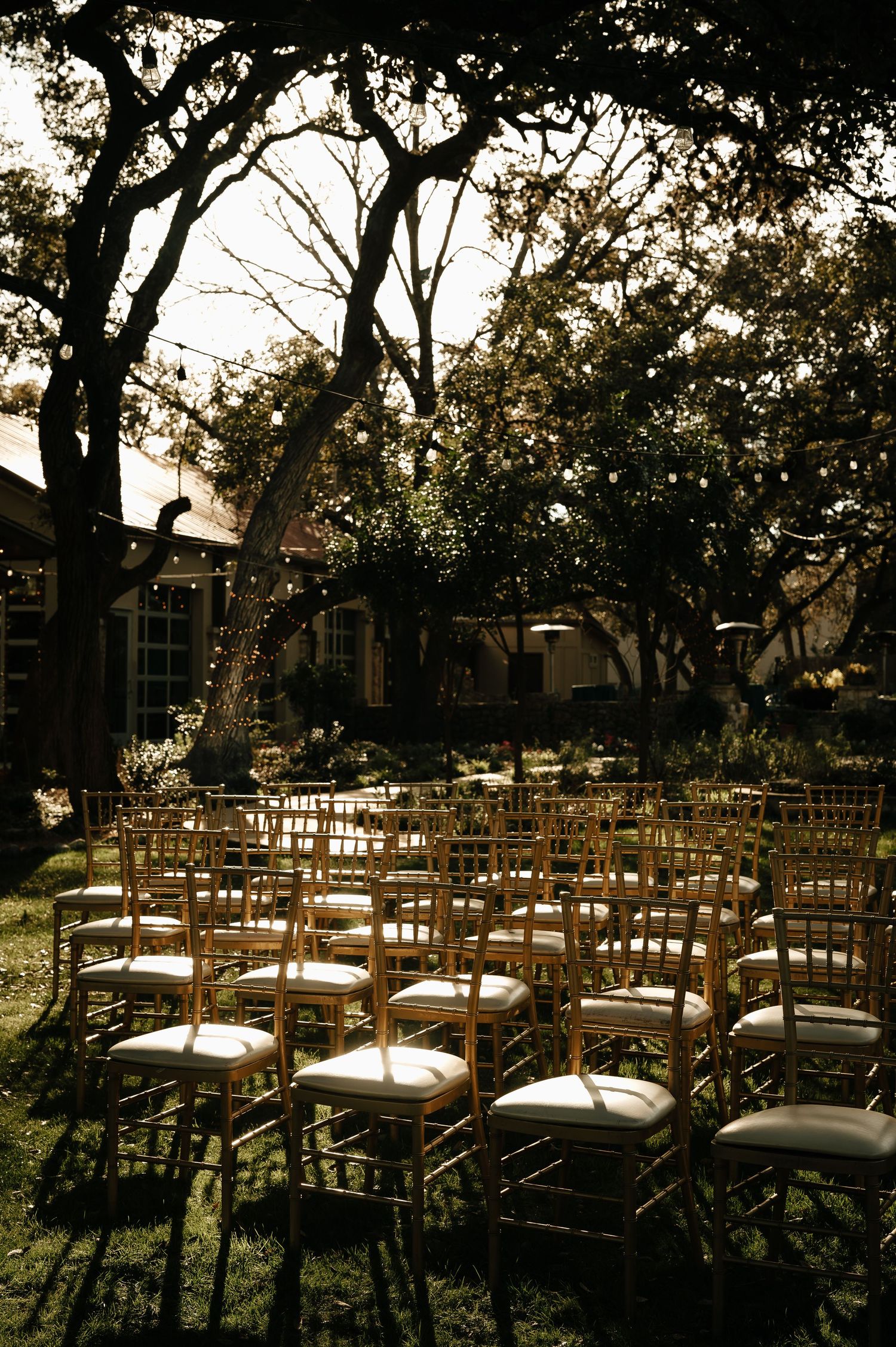 Rows of wooden chairs set up outdoors for a wedding ceremony under tall trees at sunset.