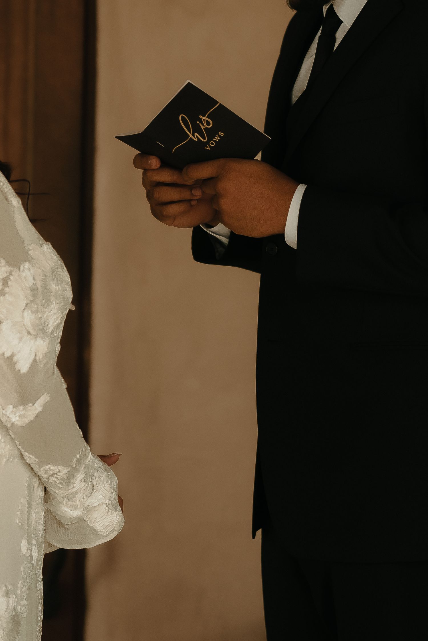 Wedding ceremony sequence showing couple reading from small books in formal attire.