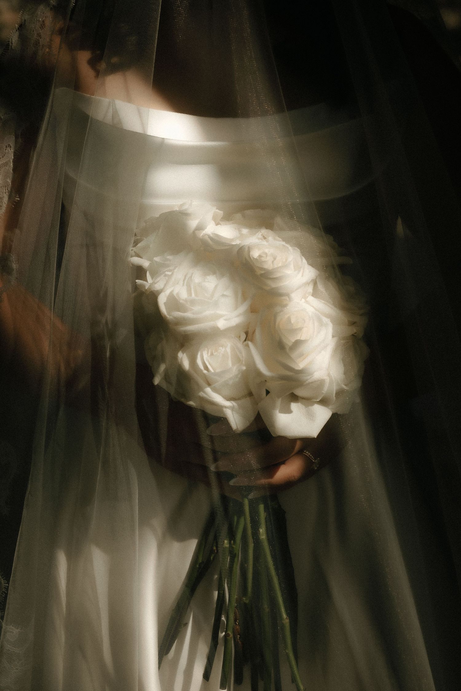 A dreamy sequence of white roses and wedding dress details in dramatic lighting.