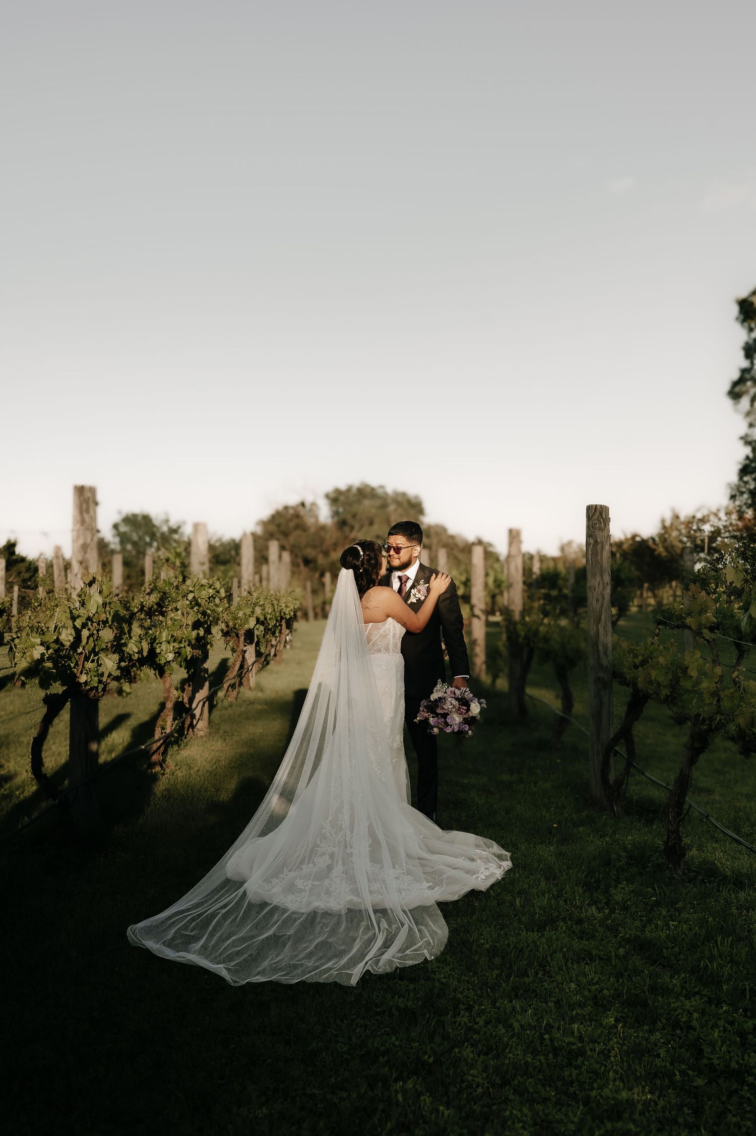 Couple poses in vineyard with dramatic flowing veil during sunset wedding photoshoot.