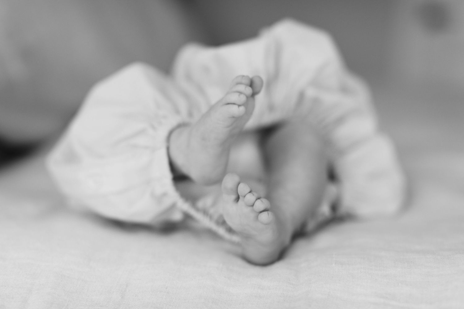 Close-up black and white image of tiny newborn baby feet wrapped in white fabric.