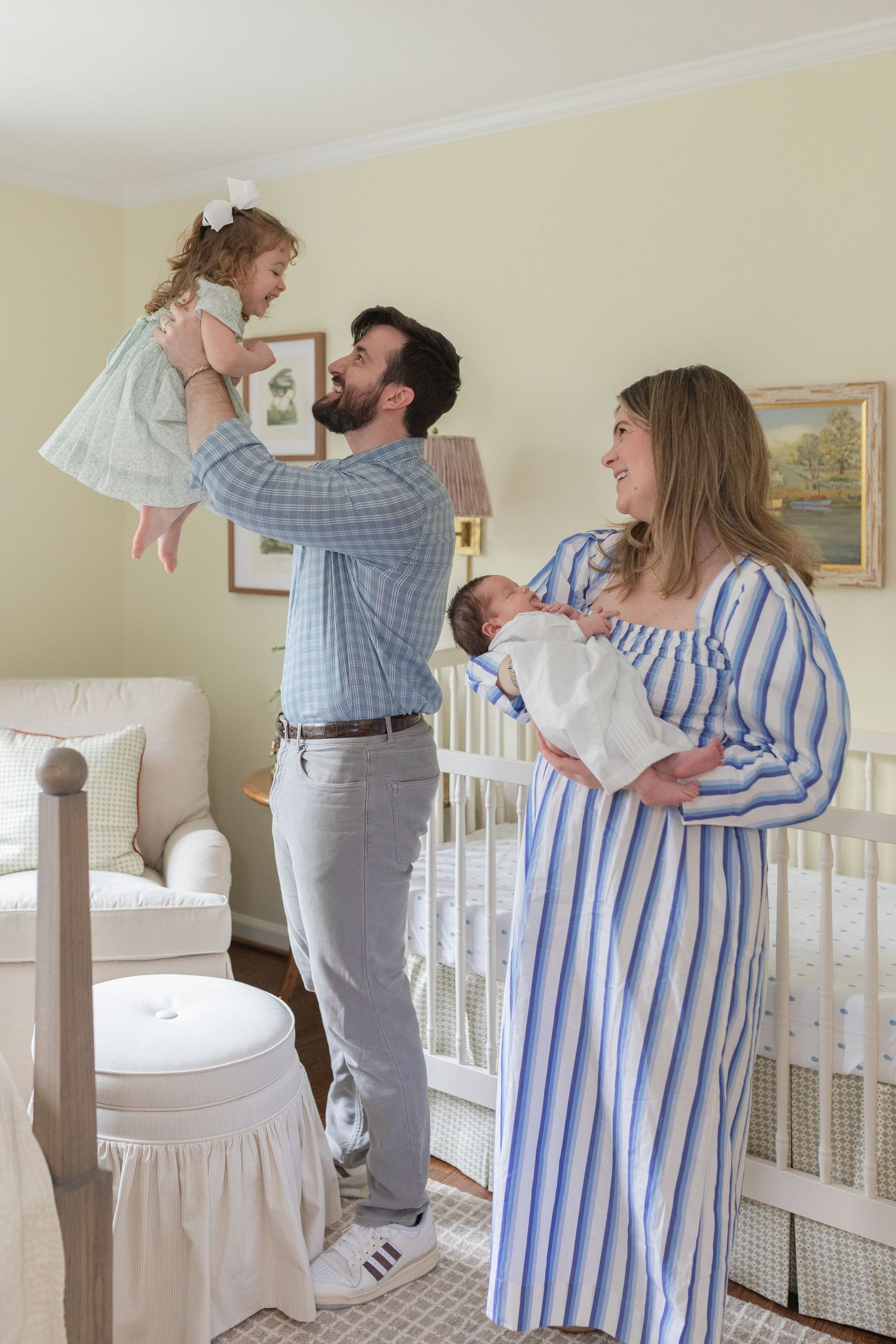 A series of tender moments showing a parent in a plaid shirt holding a baby near a white crib.