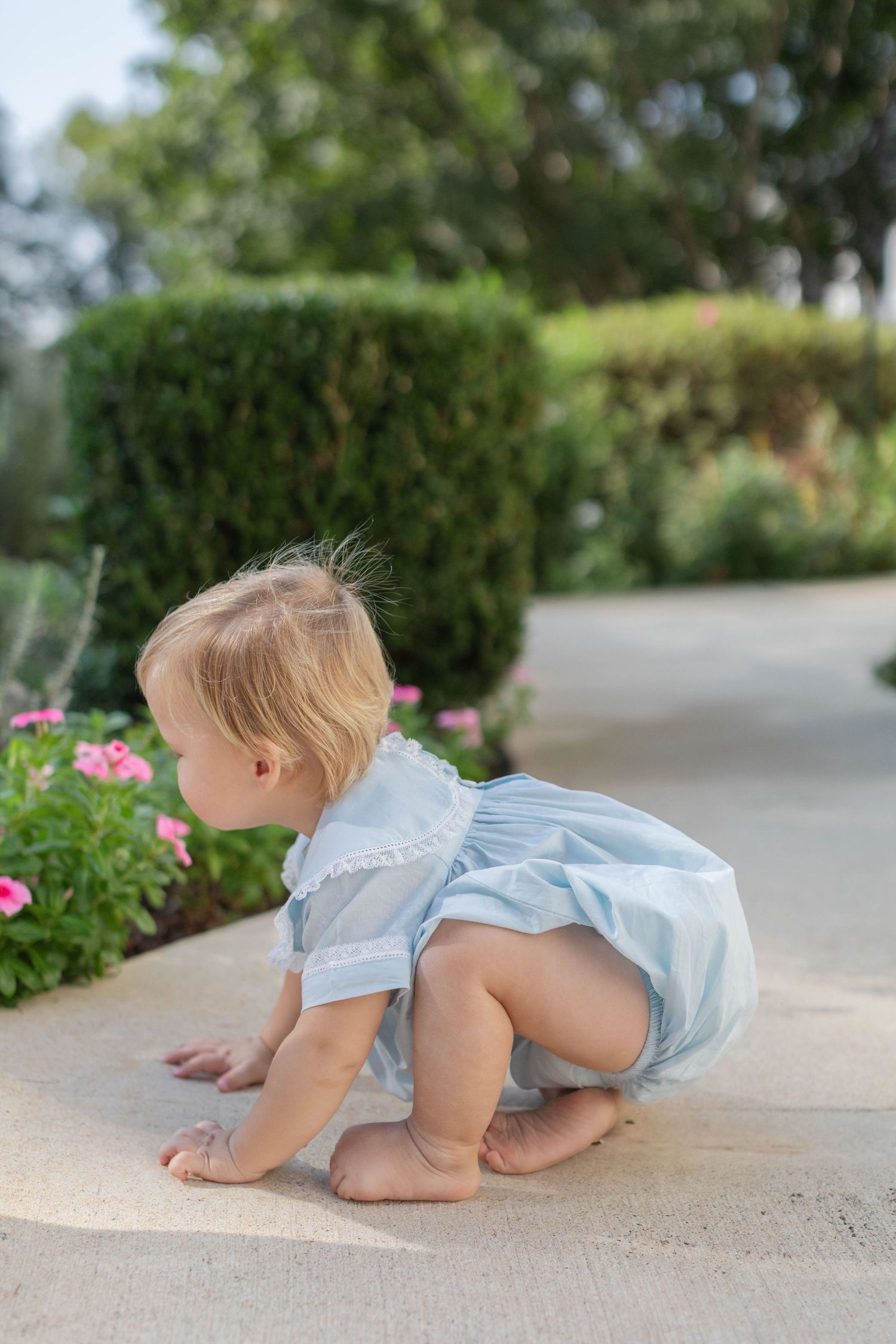 A small baby in blue and white clothing crawls across a sidewalk near blooming pink flowers.
