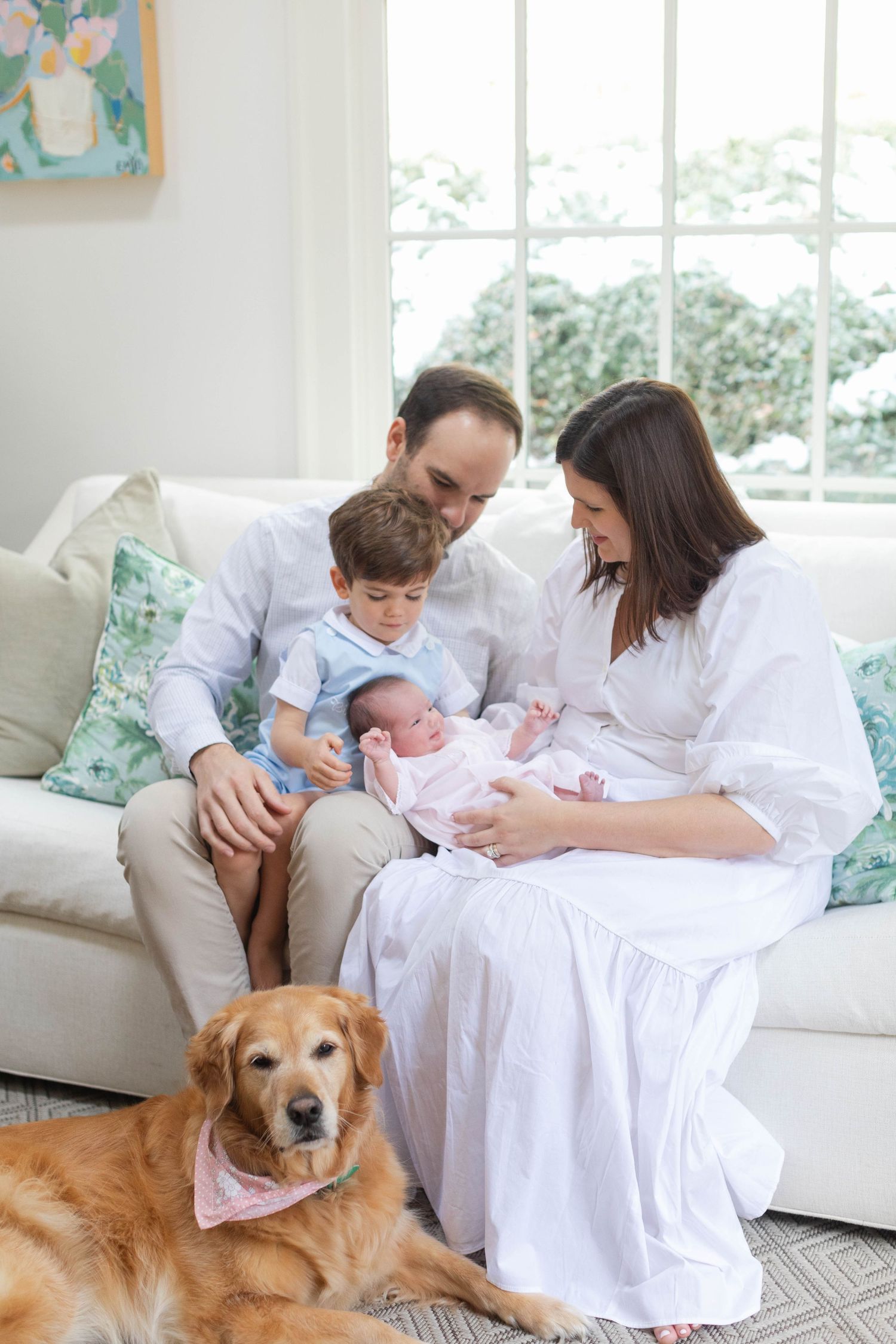 Bright living room scene with cozy white couch and golden retriever wearing a pink bandana.
