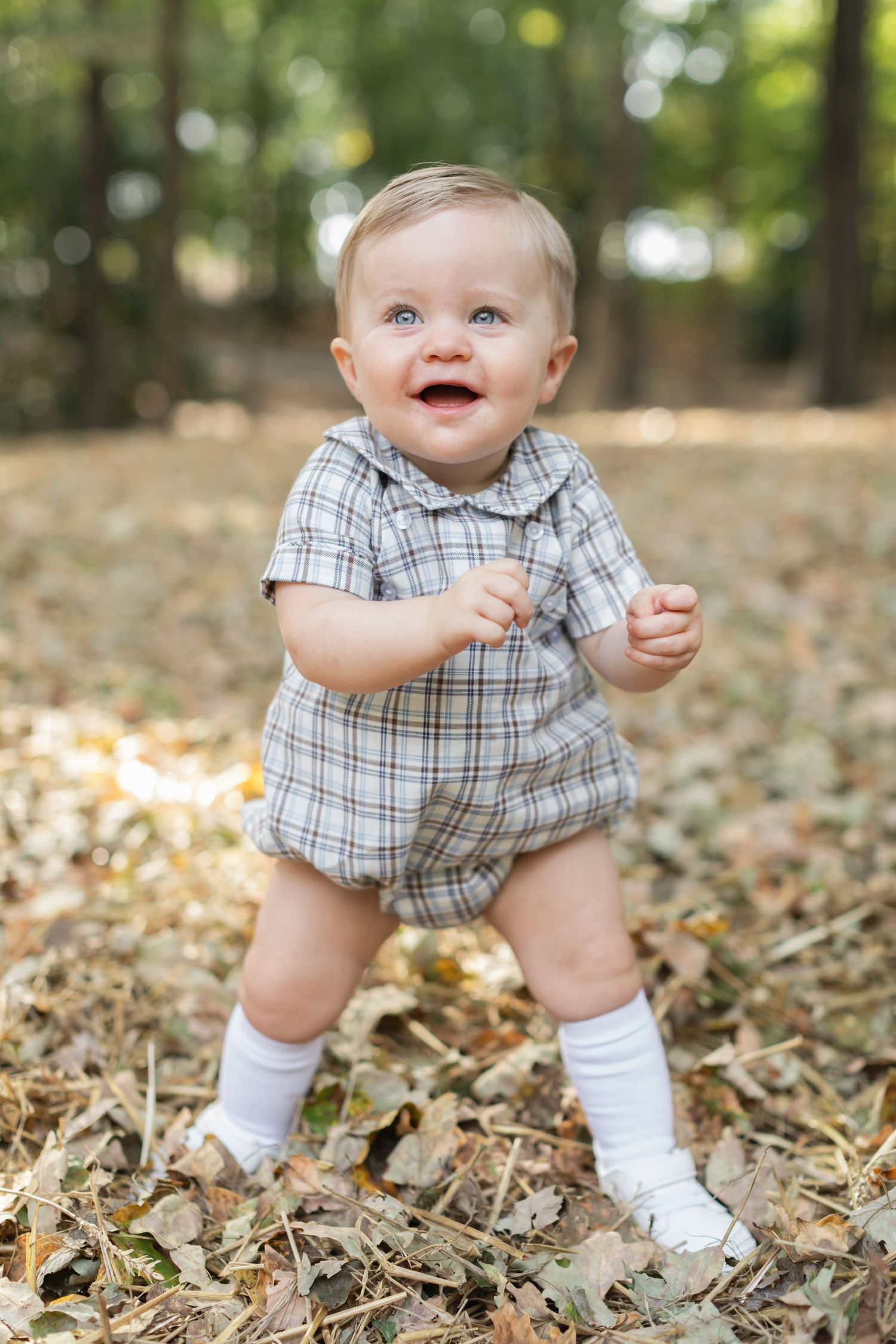 A series of photos showing a small baby in plaid clothing sitting and playing in fallen autumn leaves.