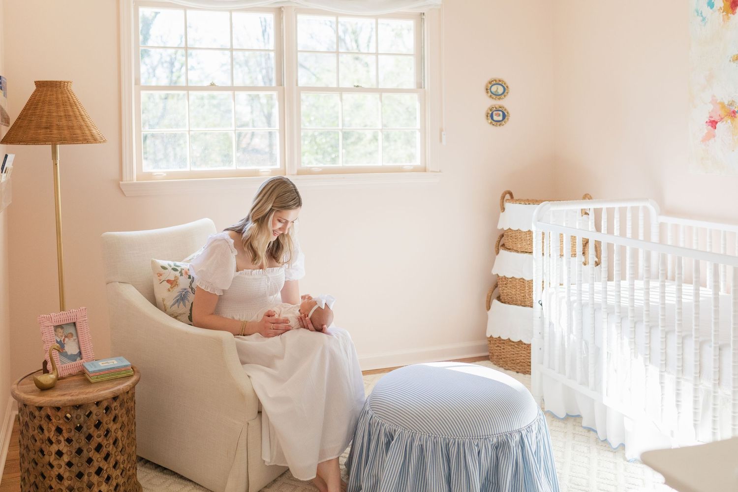 A collage of nursery scenes showing a white crib, rocking chair, and soft neutral decor in a sunlit room.