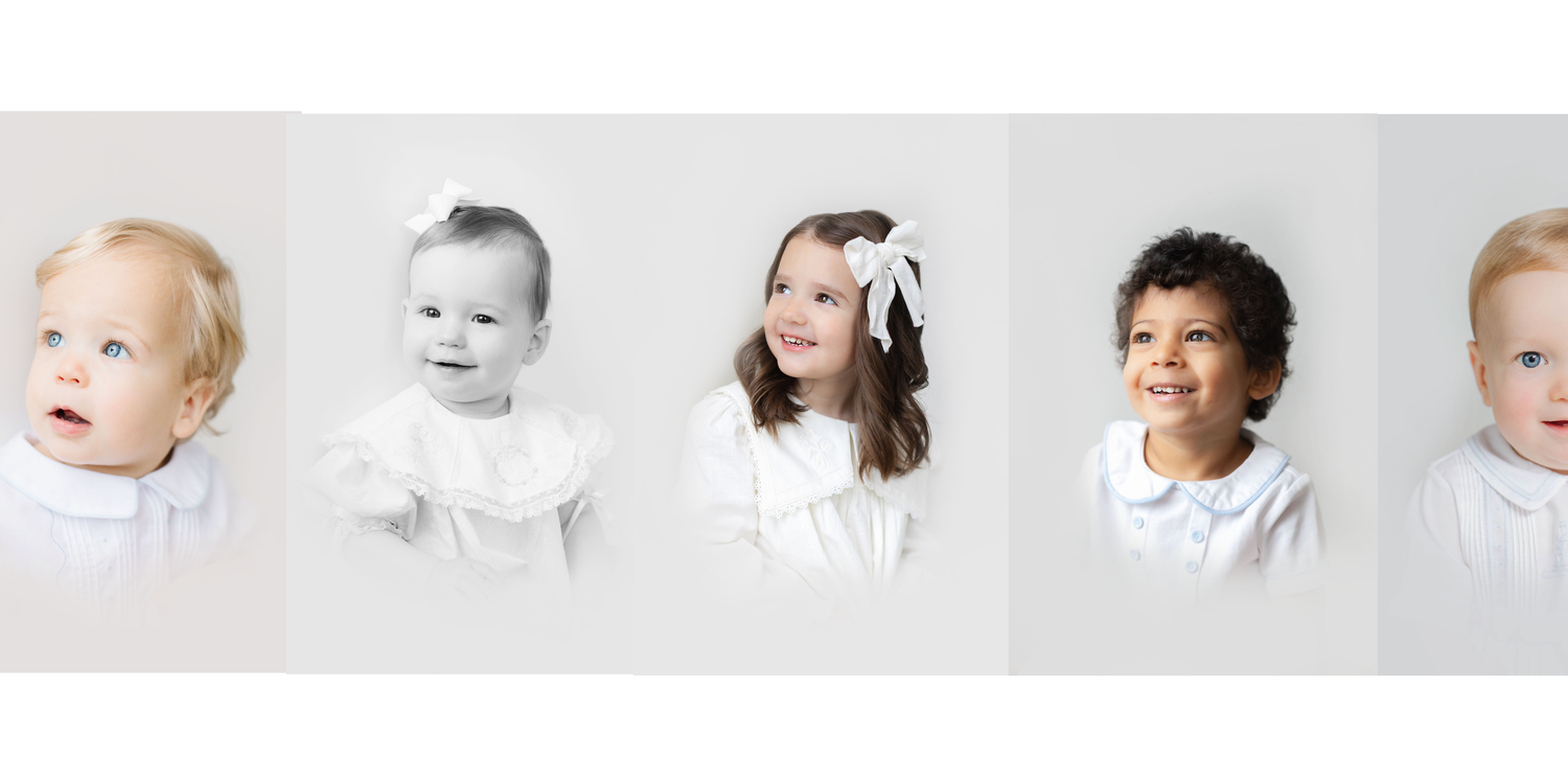 Five young children in white outfits posed against a light gray background in a classic portrait photography collage.
