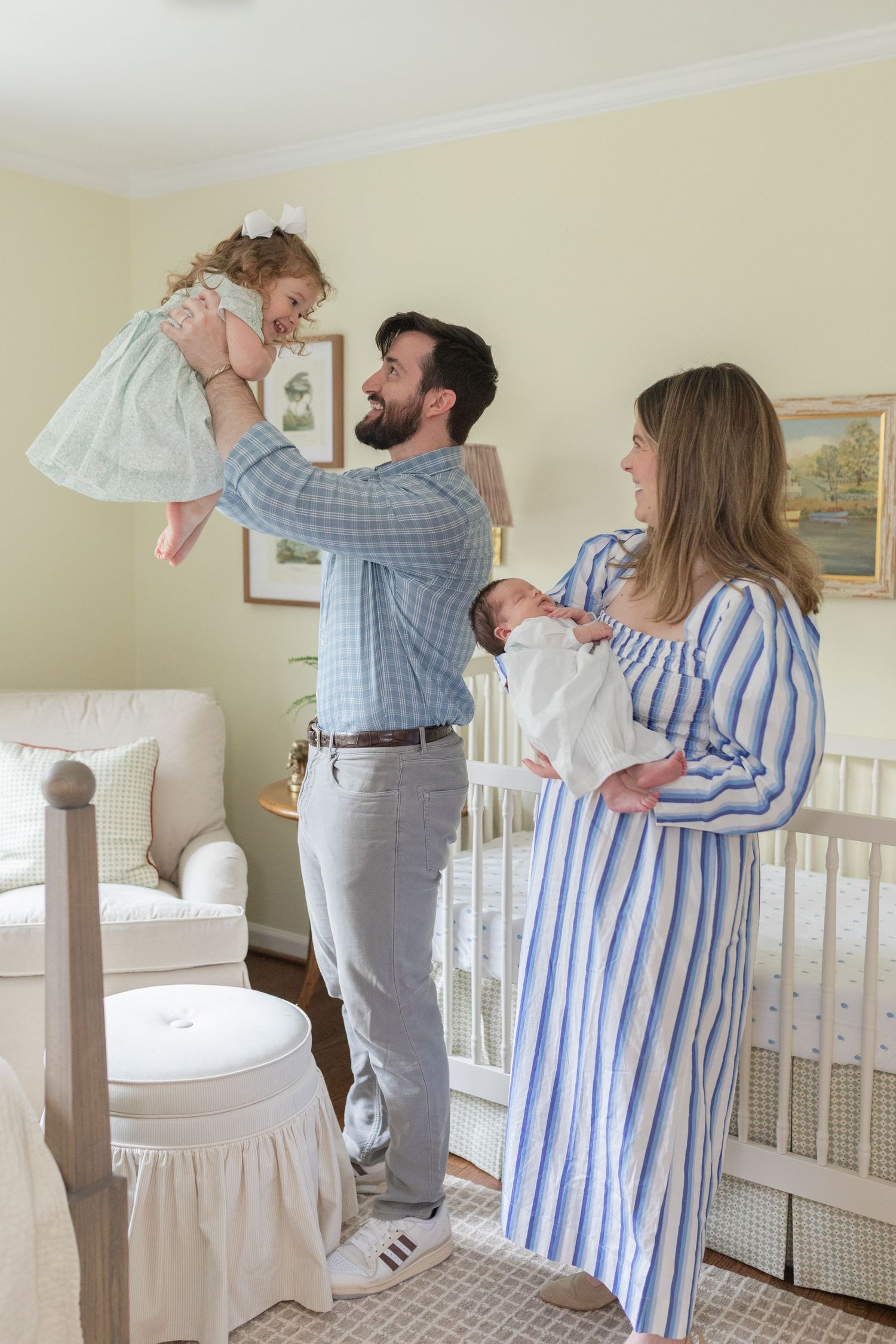 A series of photos showing tender moments between family members with a newborn baby in a nursery room.