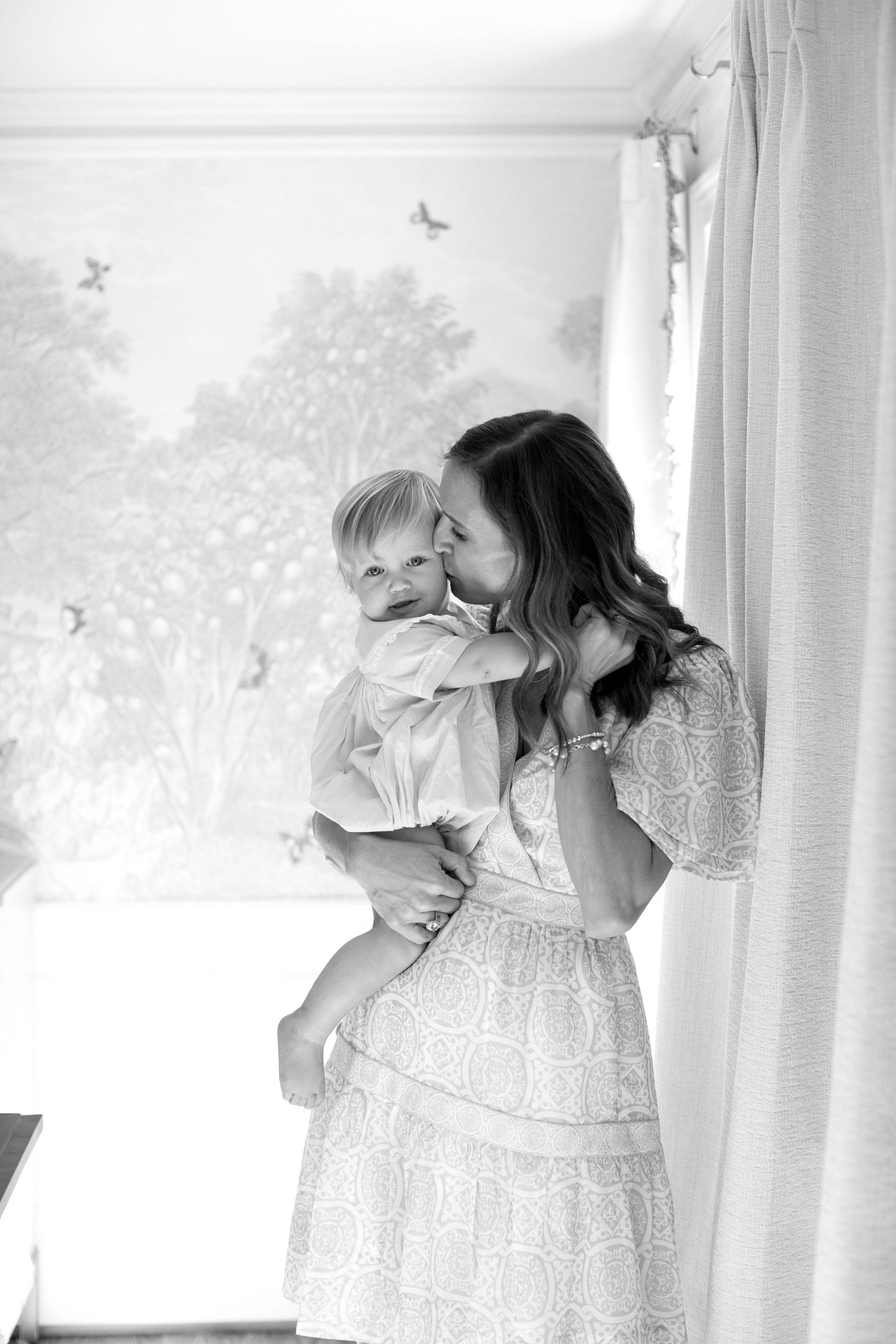 Sequence of tender moments captured against bright window with sheer white curtains.