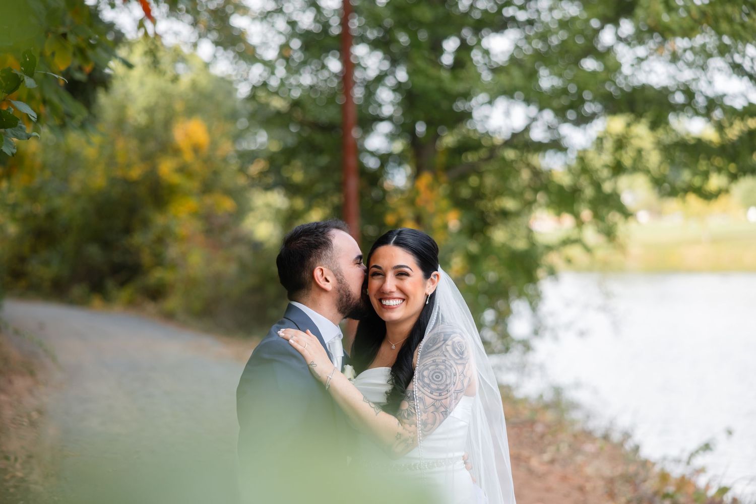 Portrait of a wedding couple smiling