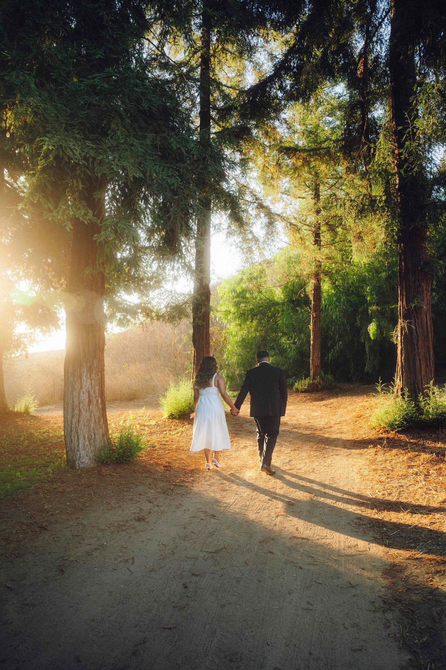 Engaged couple walking hand-in-hand in Yorba Linda garden