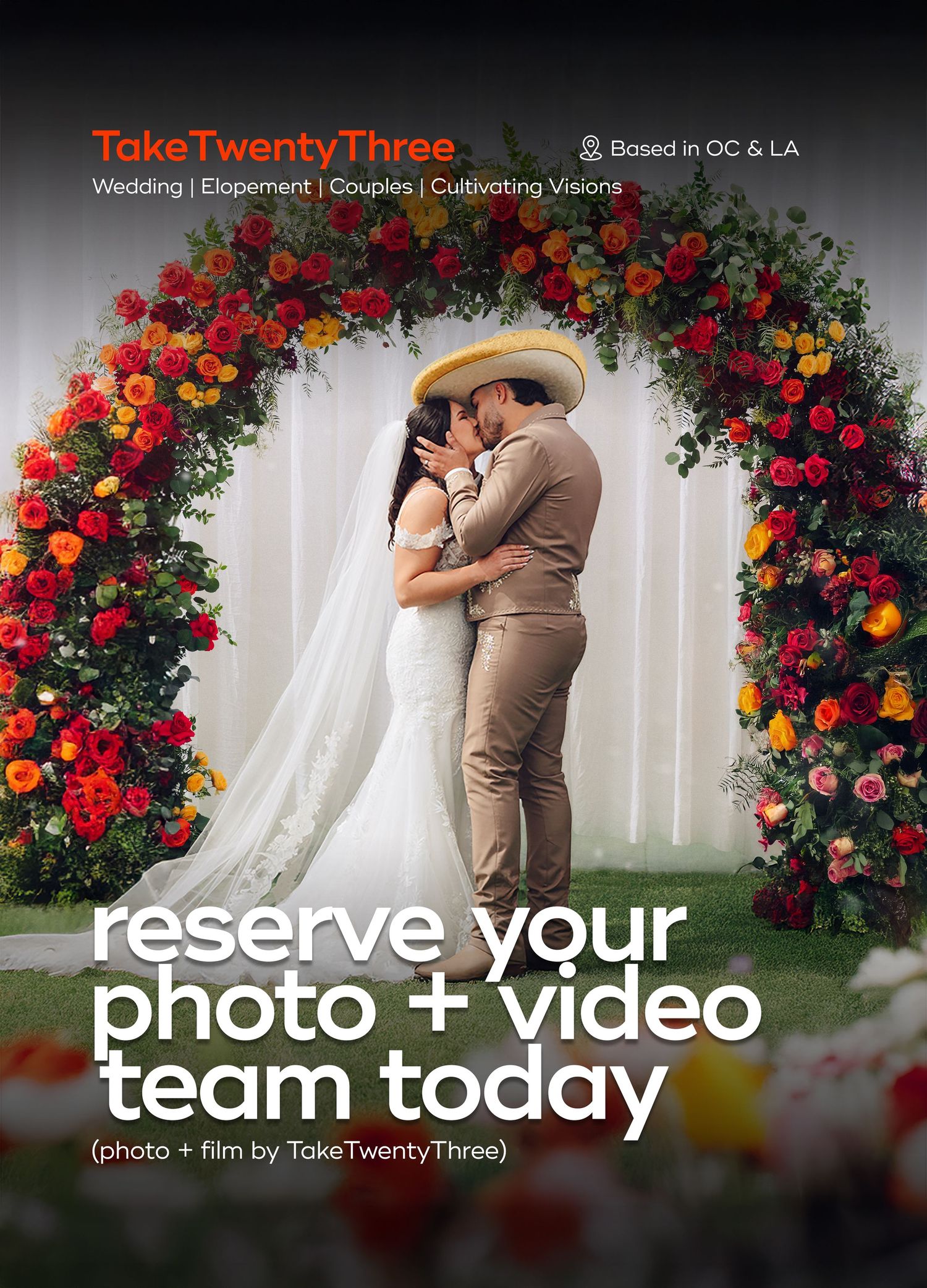 Take twenty three photo services promotional flyer with couple in the background giving their first kiss surrounded with flowers