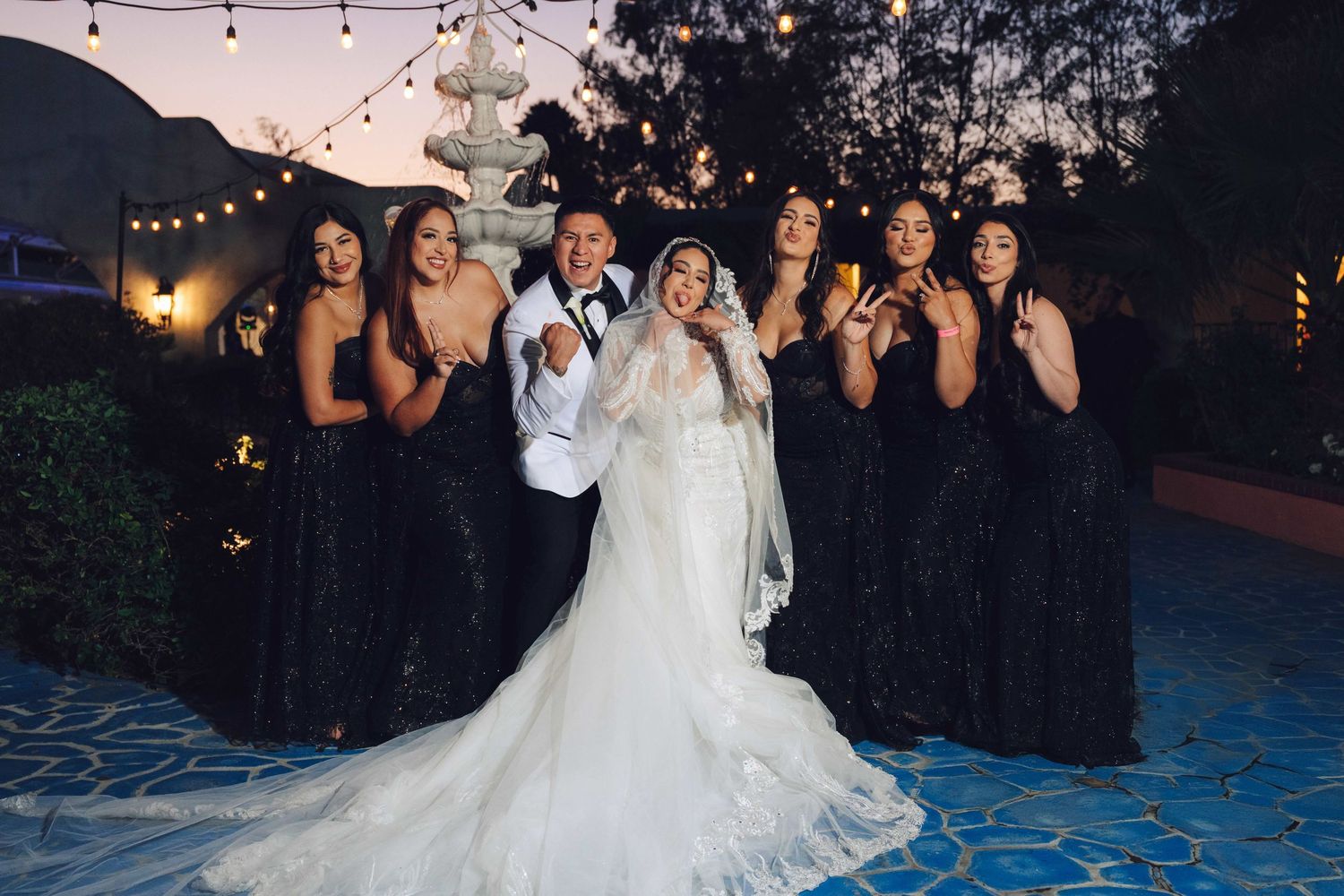 Bridal party posing for a funny photo at Rancho las Fuentes