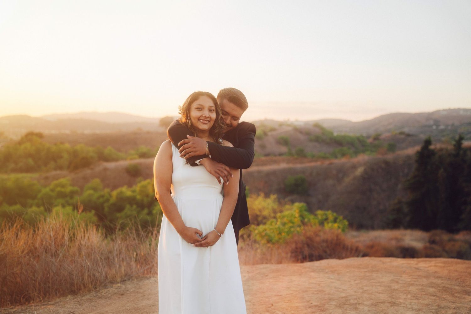 Romantic sunset engagement photo at Red Wood Grove, Orange County