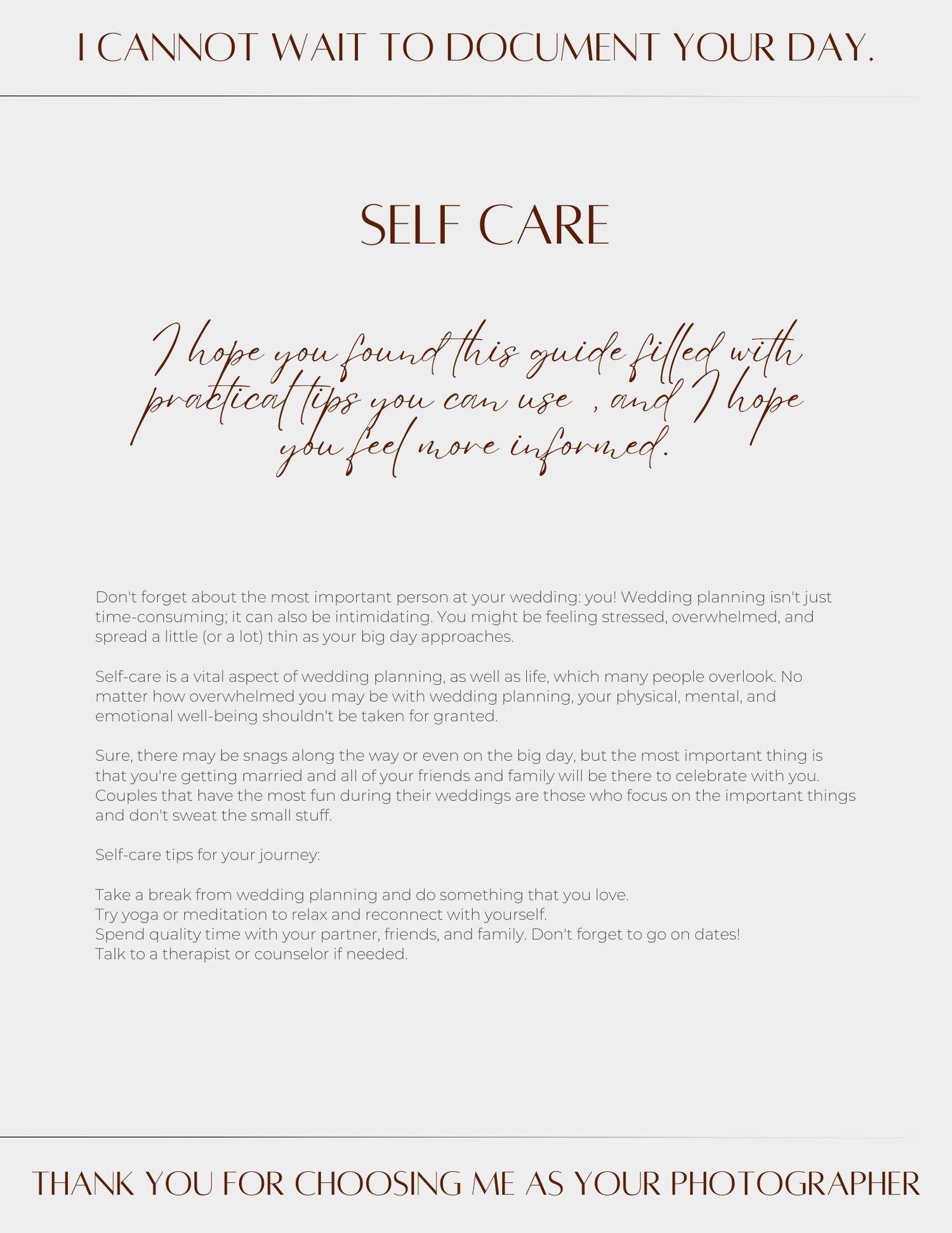 Elegant self-care photography client guide page with brown calligraphy text on white paper.
