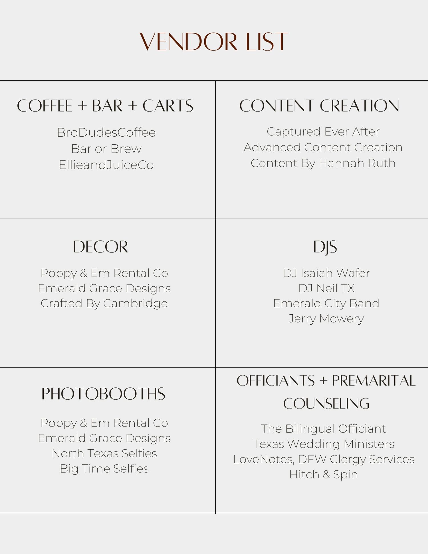 A minimalist wedding vendor list layout showing categories like decor, DJs, photobooths and officiants in elegant typography.