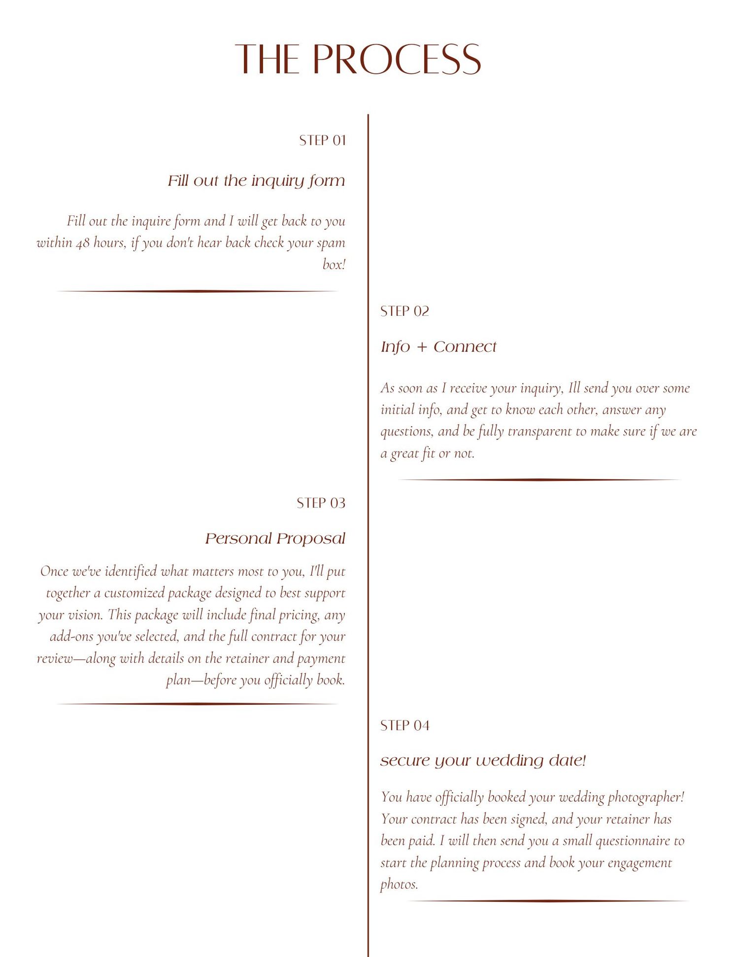 A simple process diagram showing three steps in brown text with dividing lines and numbered sections for client onboarding.
