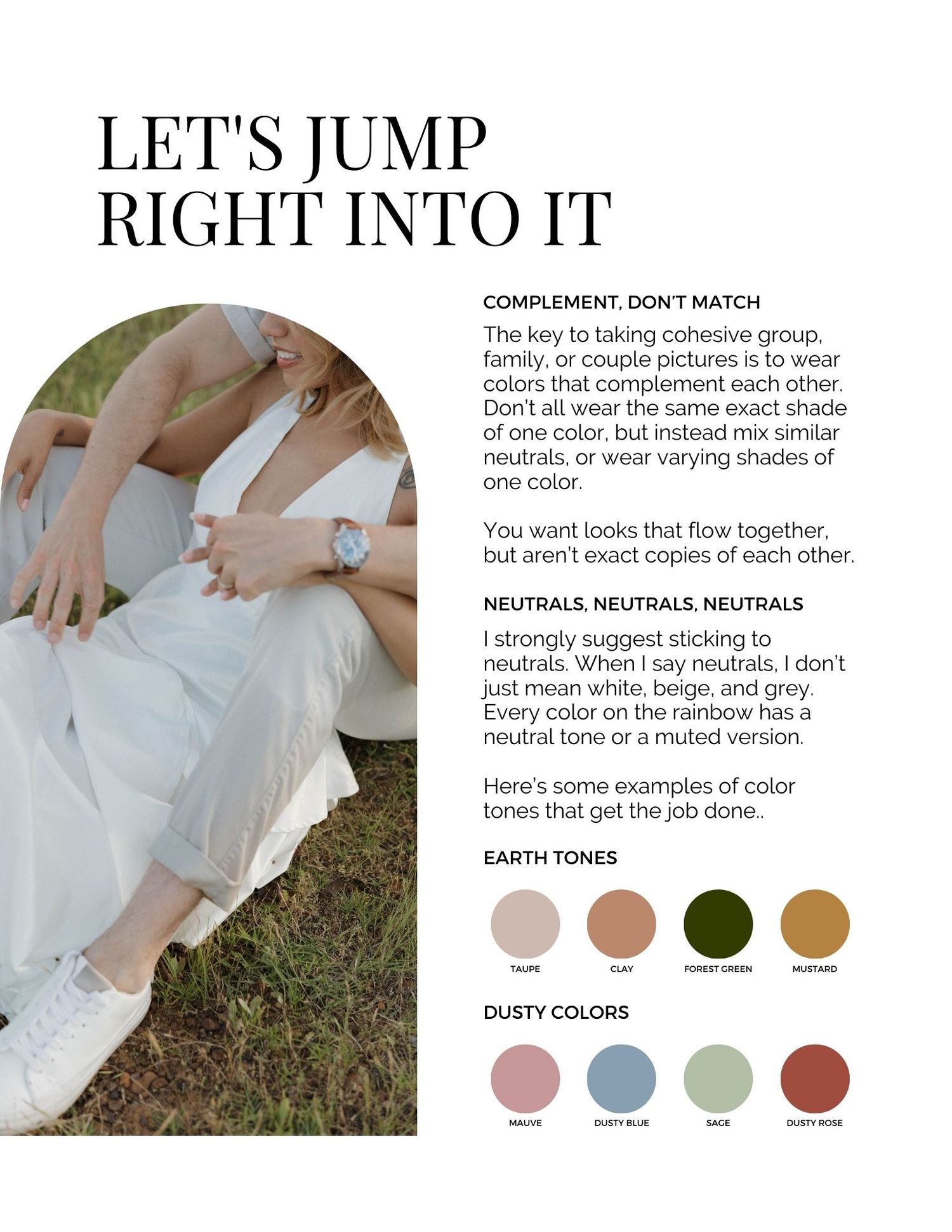 Style guide page showing neutral color palette suggestions for photo session outfits.