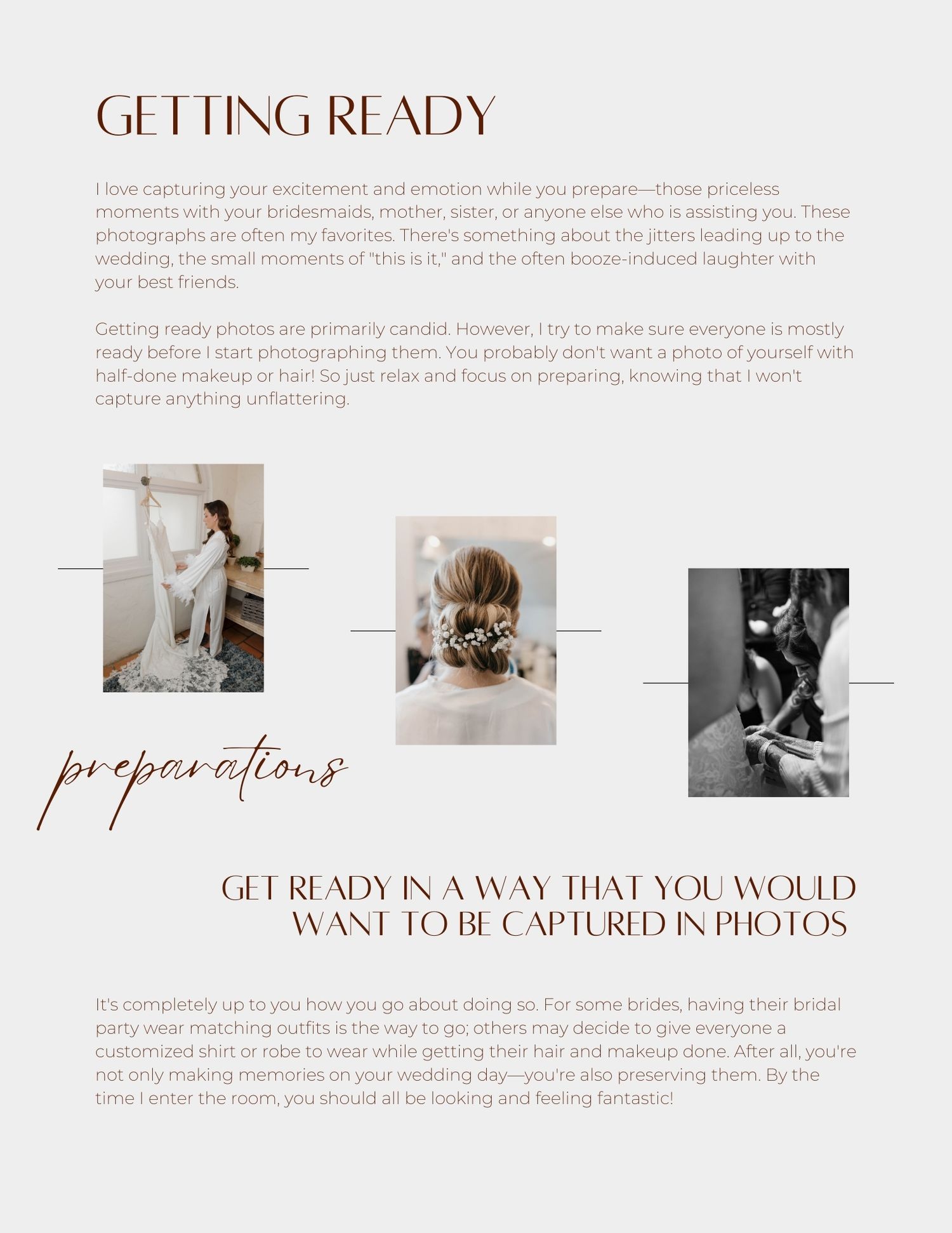 A minimalist wedding photography website layout showing muted images and elegant typography in a grid format.