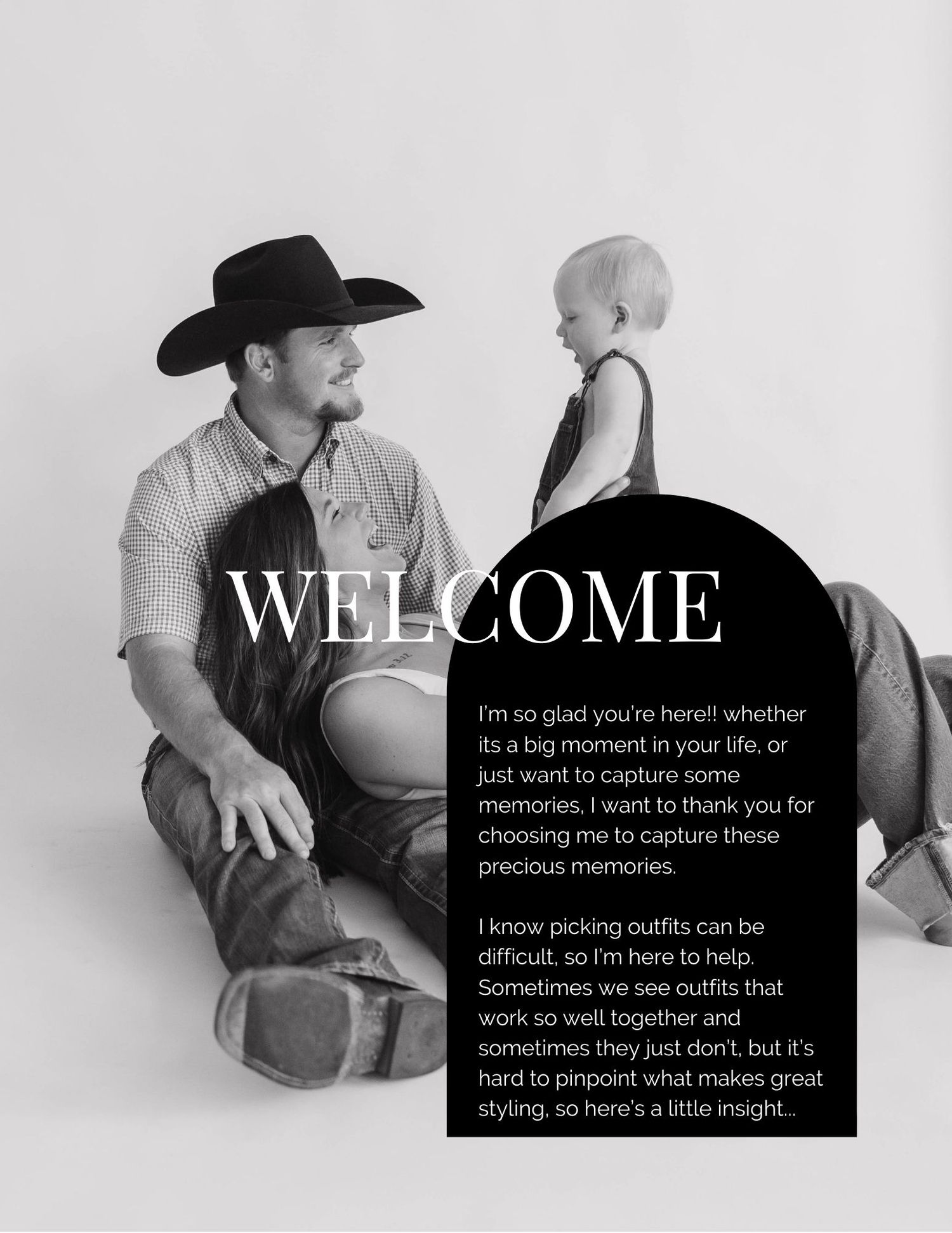 Black and white welcome page featuring western style photography and typography.
