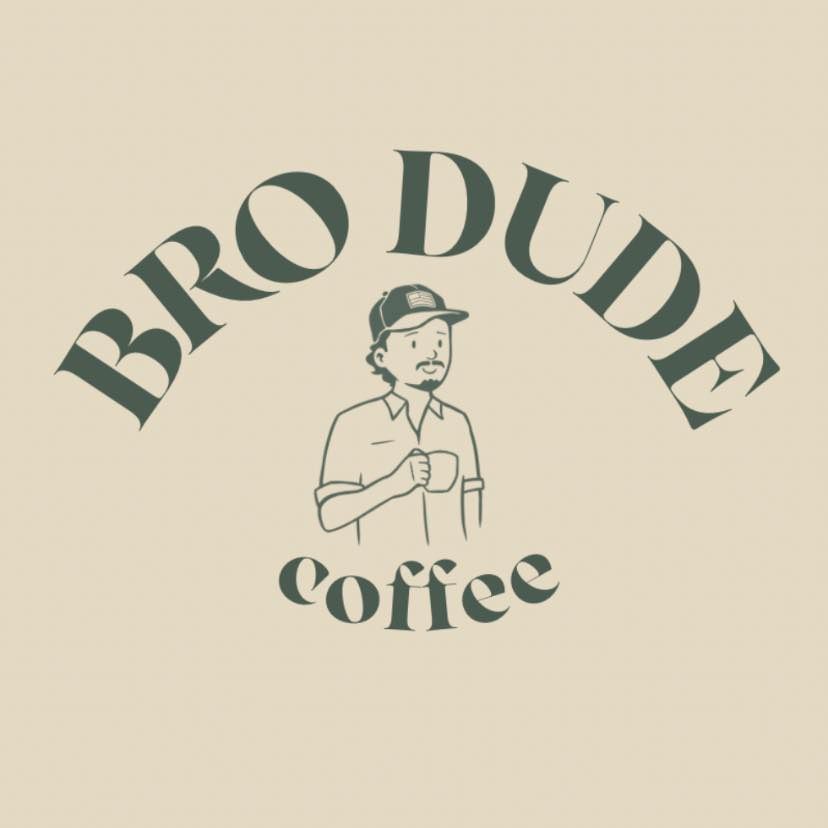 Bro Dude Coffee logo featuring minimalist illustration of man with cap in green text.
