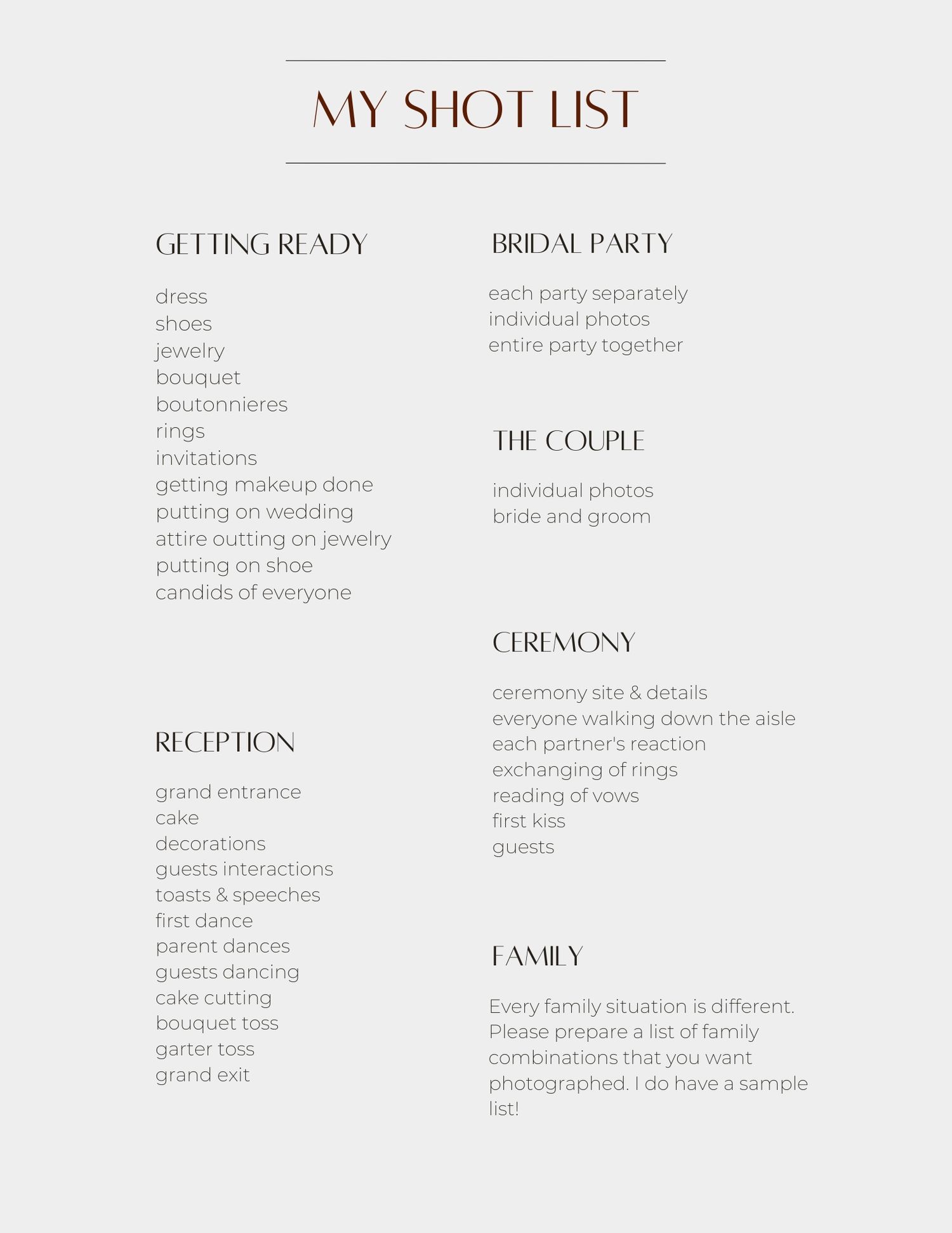 A wedding shot list document showing categories like Getting Ready, Reception, Bridal Party, The Couple, and Family with photo tasks.