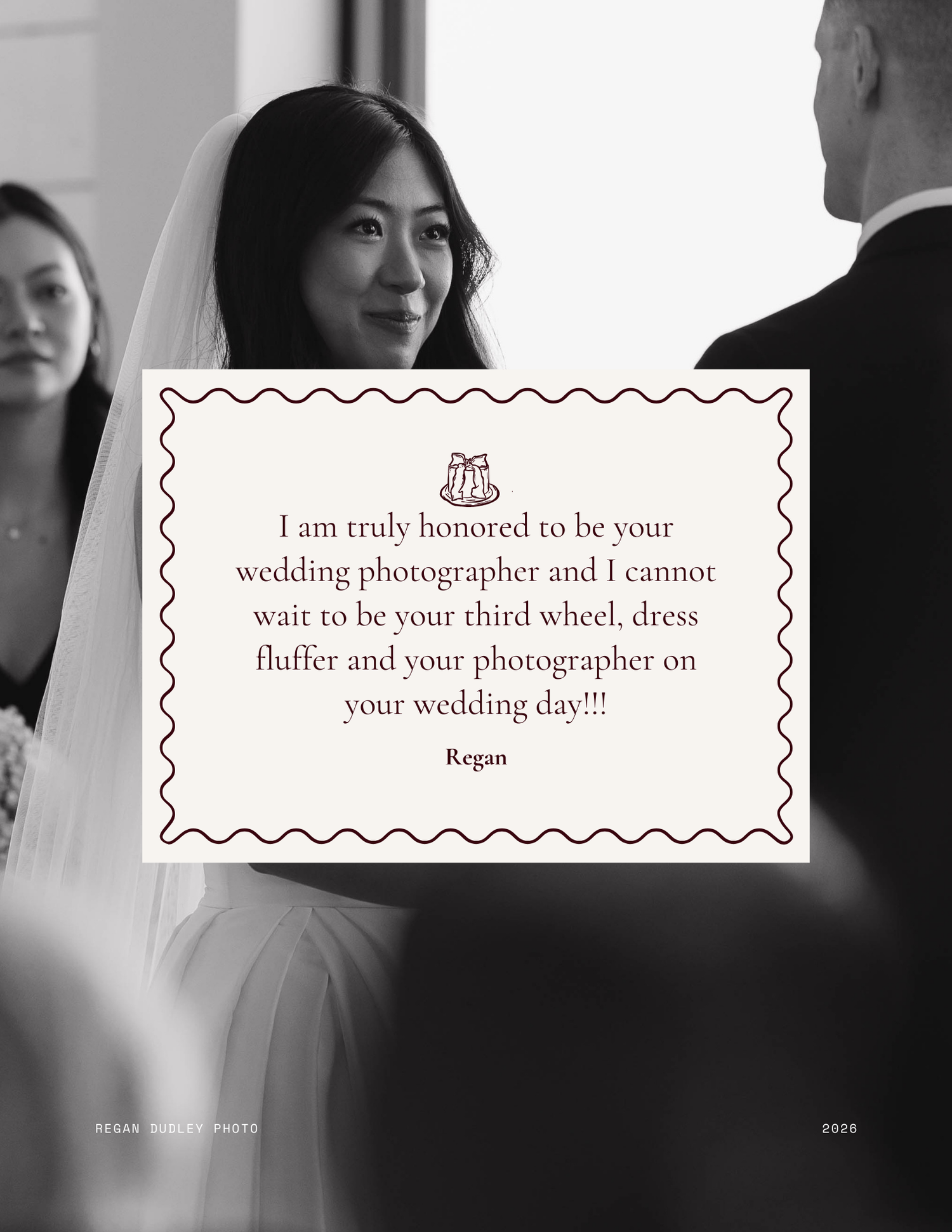 A series of black and white wedding photography website design mockups with elegant text overlays.