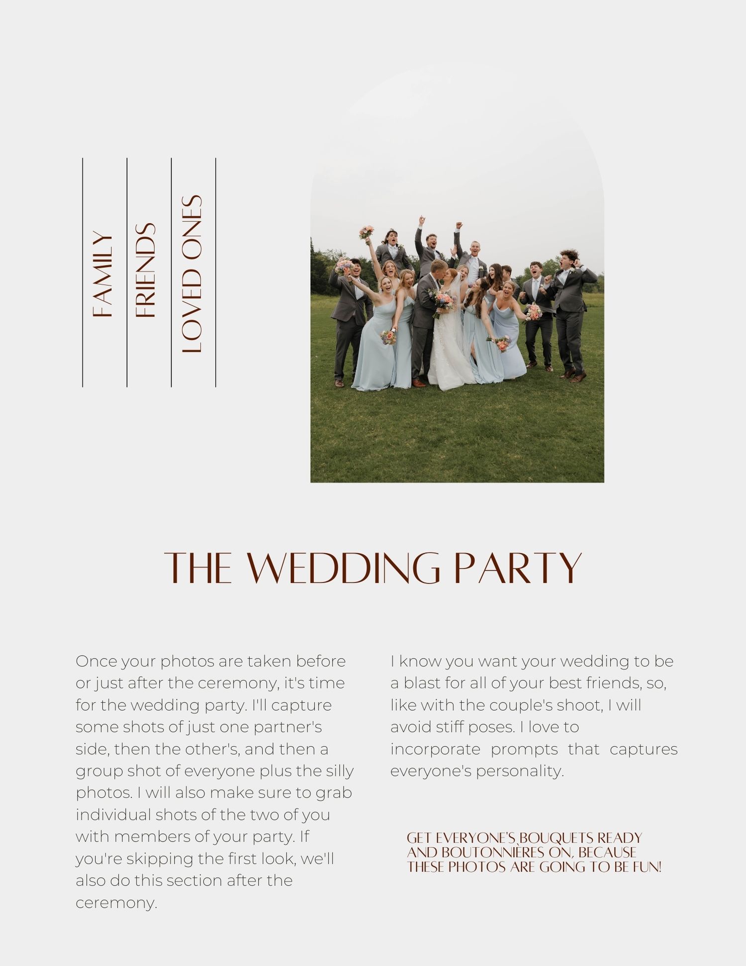 Wedding party layout design with elegant typography and photo grid showing outdoor celebration moments.