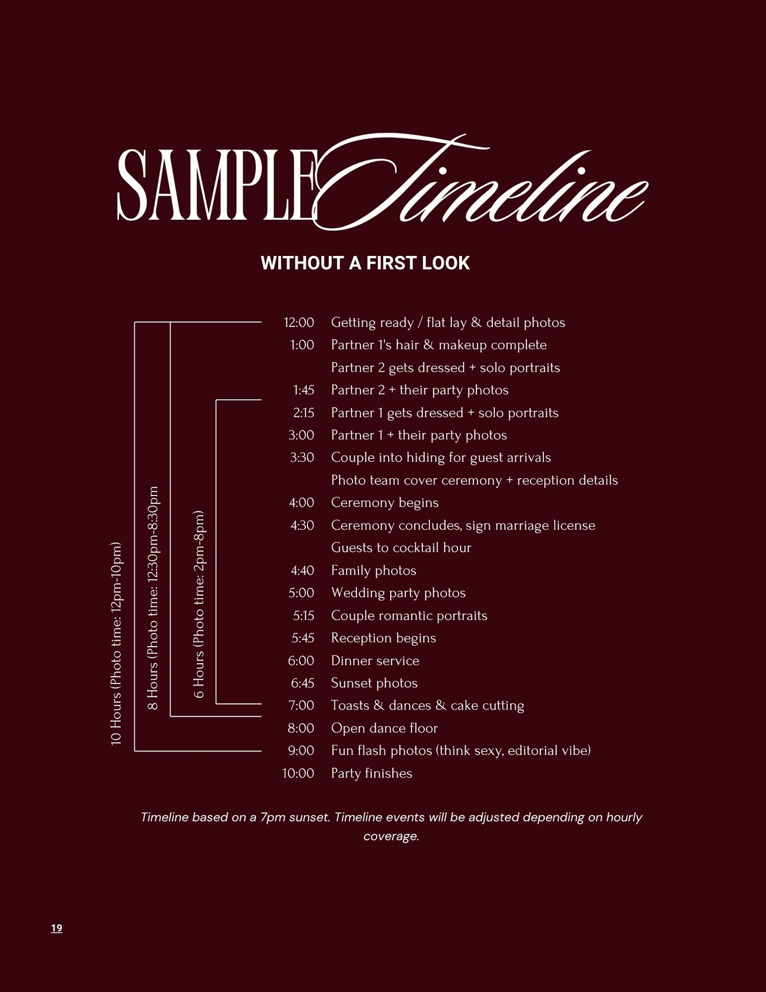 Sample wedding timeline without a first look, detailing photo and event schedule from 12PM to 10:30PM.