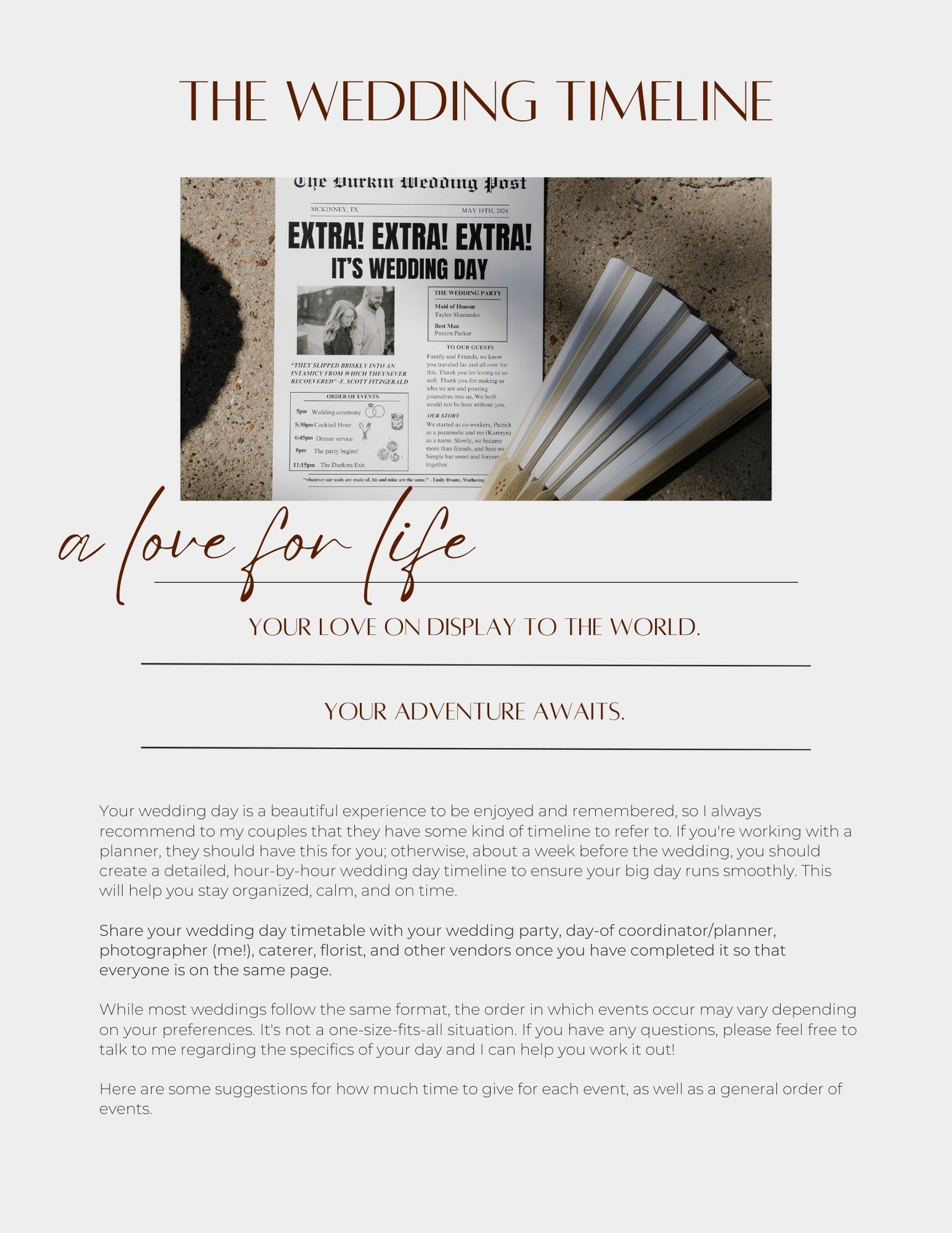 Wedding timeline template pages showing elegant typography and layout designs for planning a special event schedule.