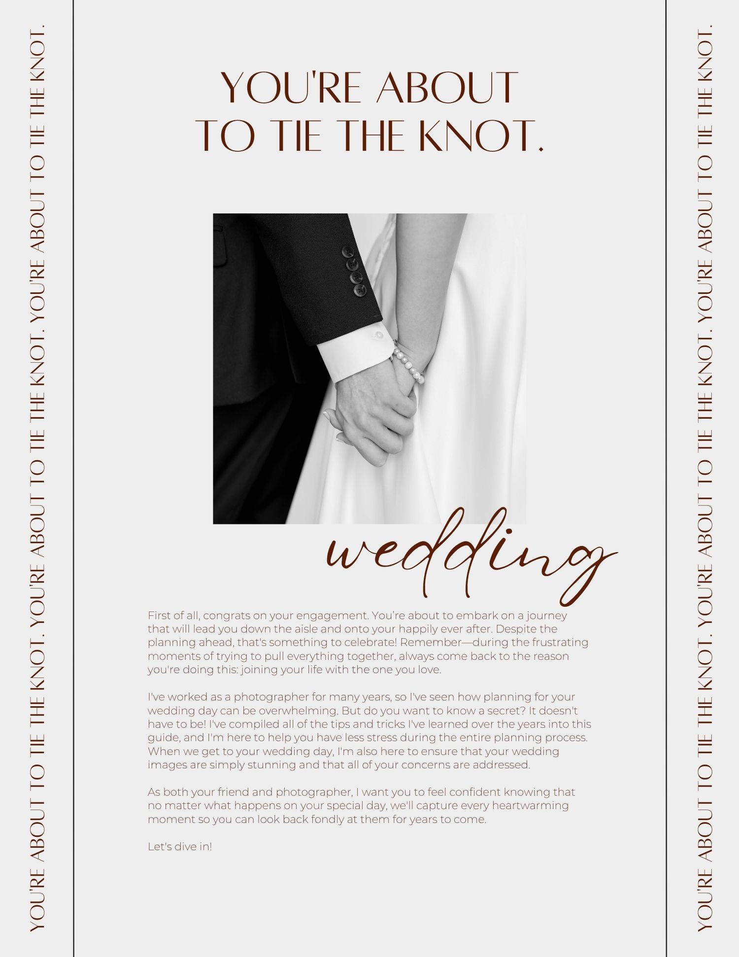 Elegant wedding photography portfolio page layout with text about tying the knot in brown and white color scheme.