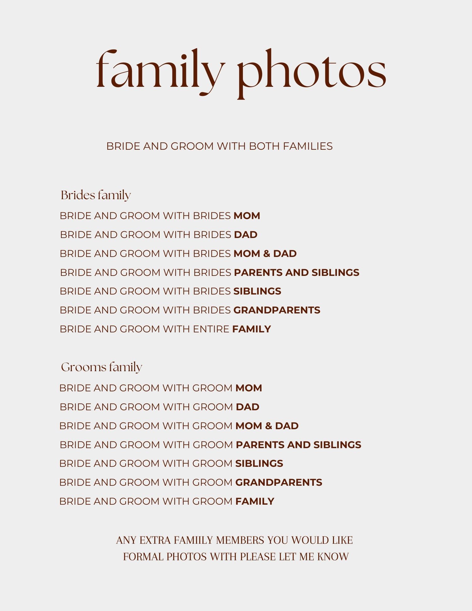 Wedding photography checklist showing family photo groupings and combinations for formal portraits.