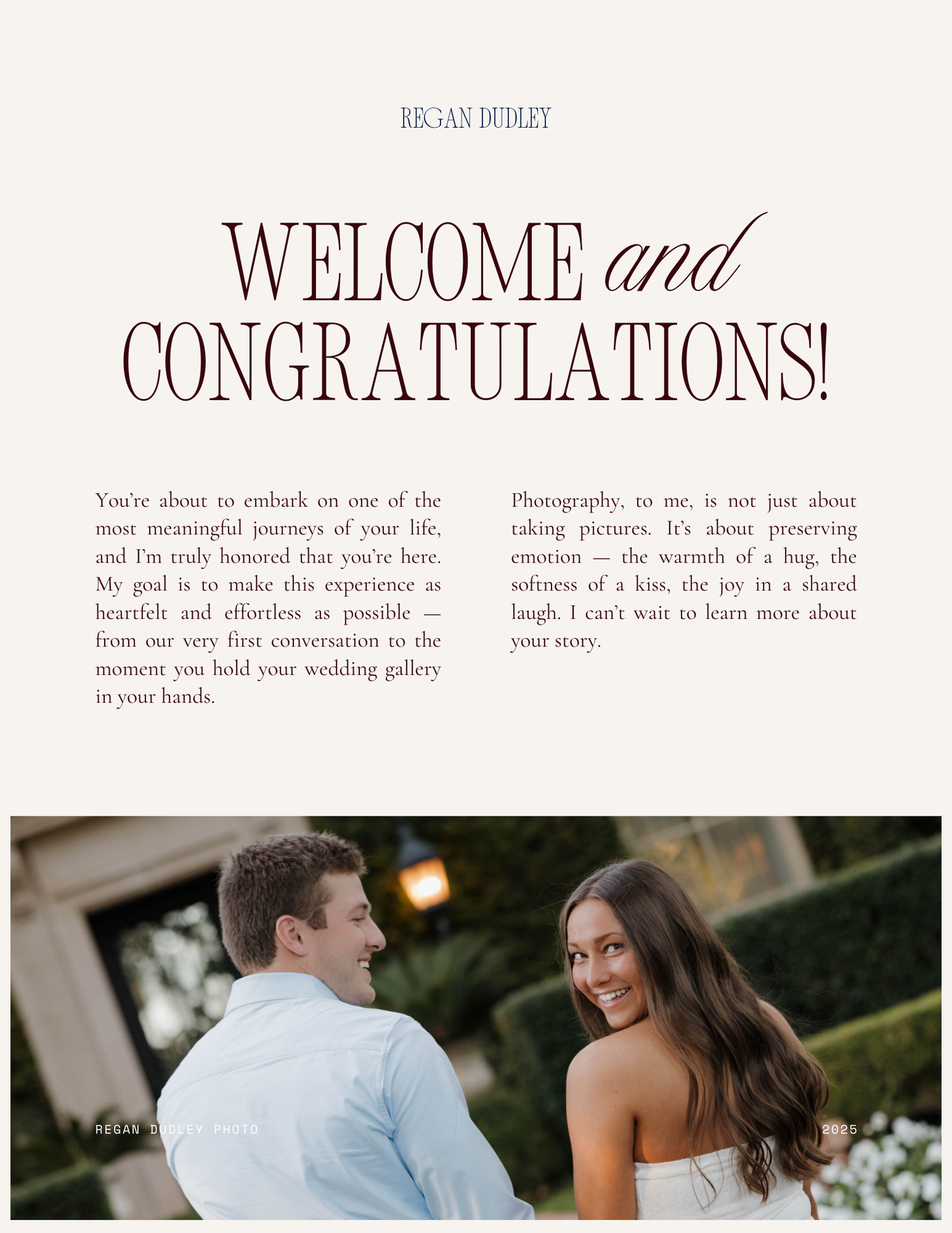 Wedding photography website design showcasing a couple in an outdoor engagement session with welcome text.