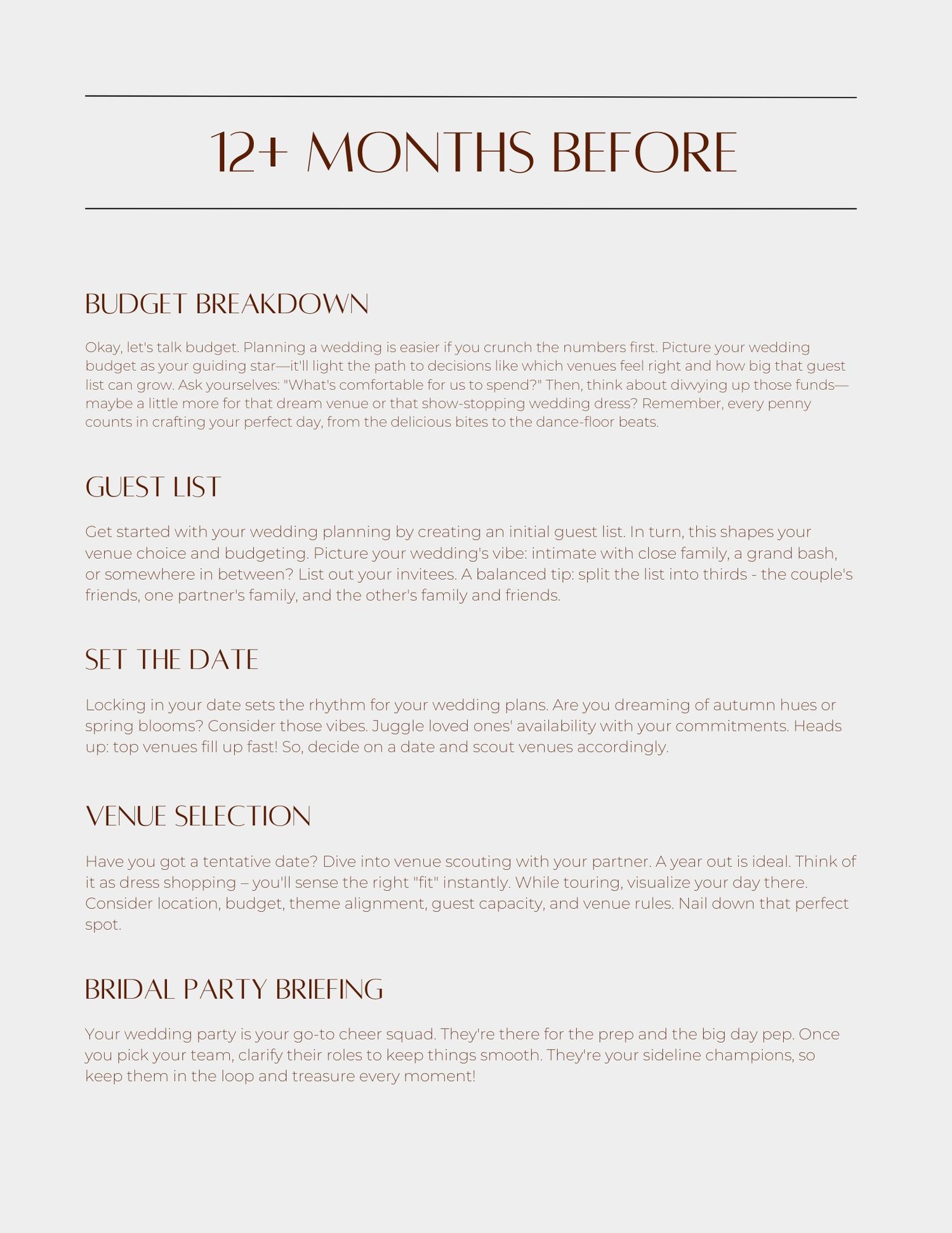 A wedding planning checklist page showing timeline sections for 12 months before the event with text on a white background.