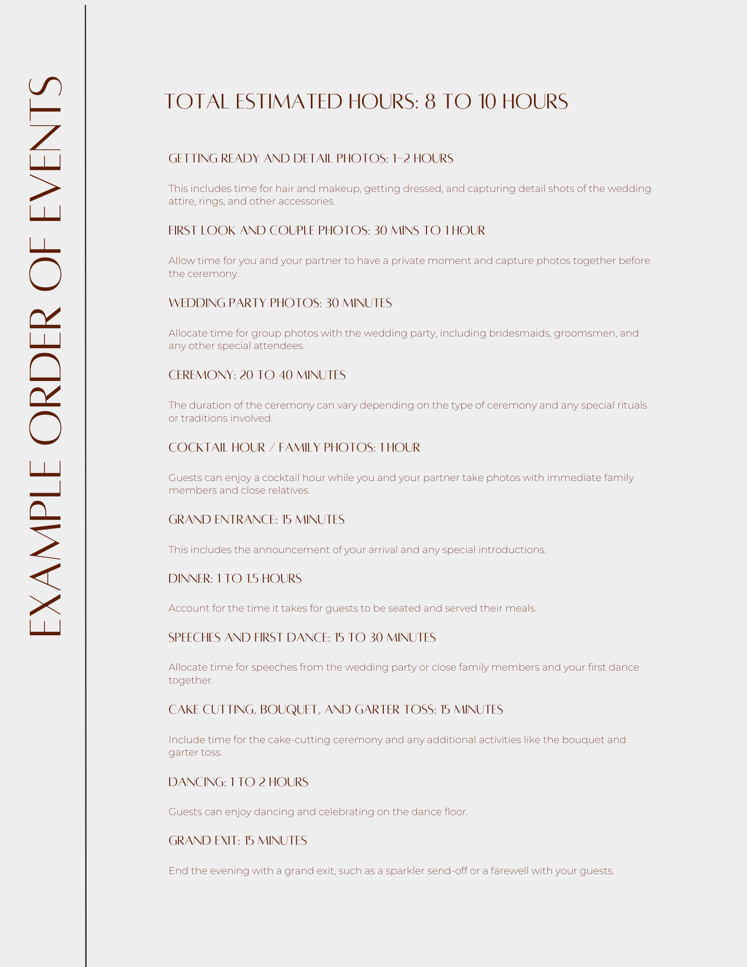 Example grid of events listing wedding photography package details and time estimates.