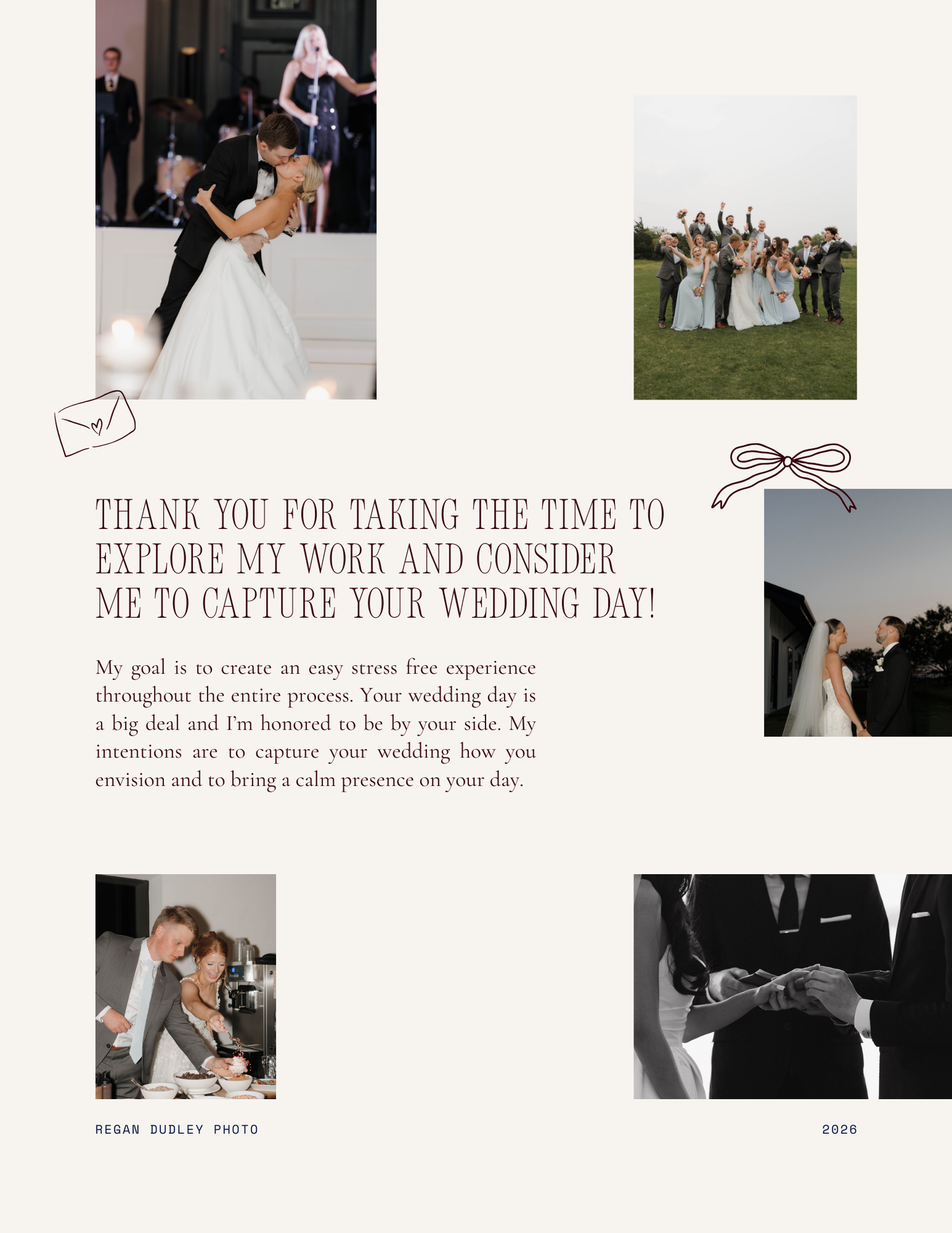 A wedding photography portfolio layout featuring five black and white images of couples and wedding parties in romantic settings.